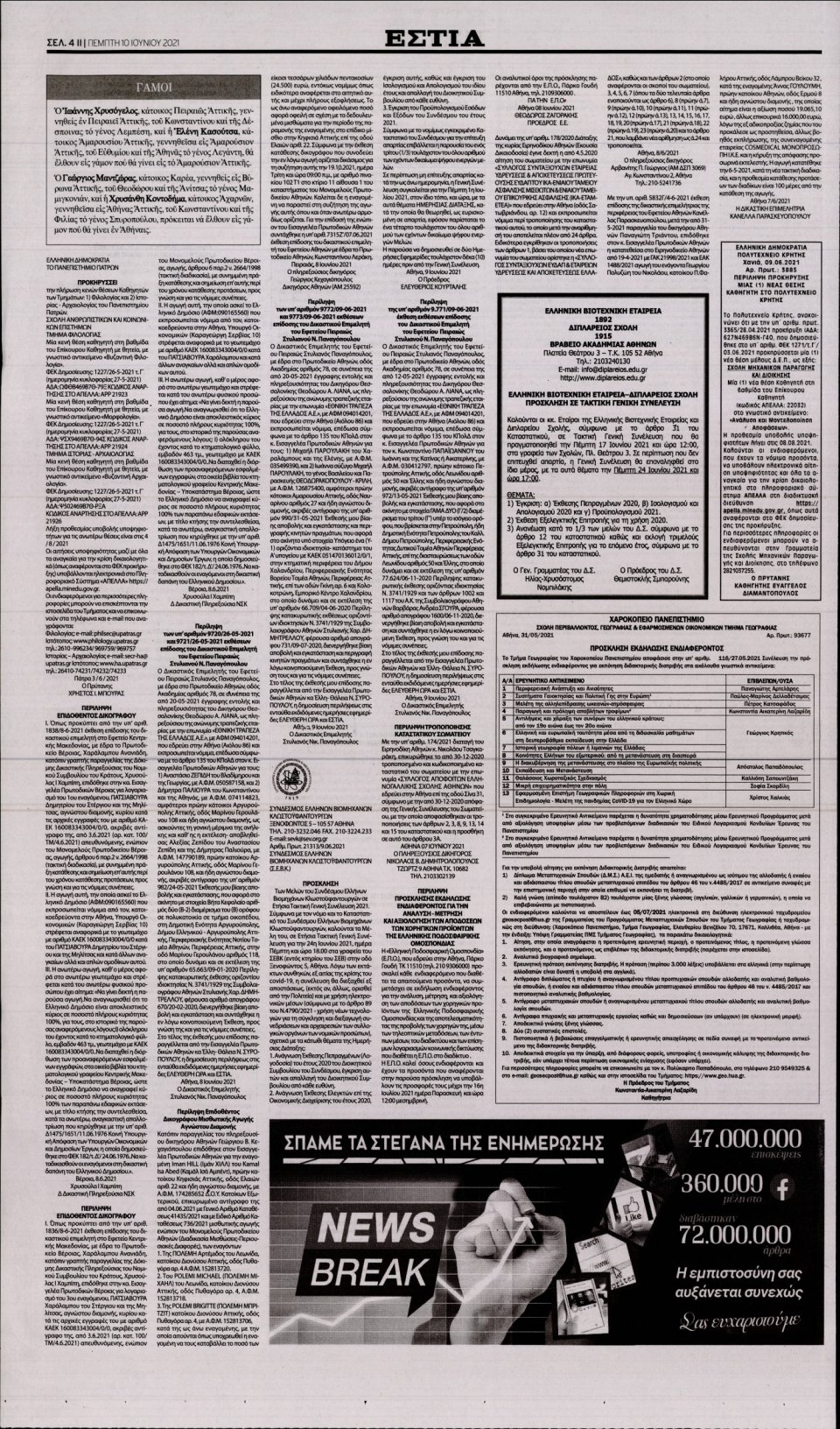 Οπισθόφυλλο Εφημερίδας - Εστία - 2021-06-10