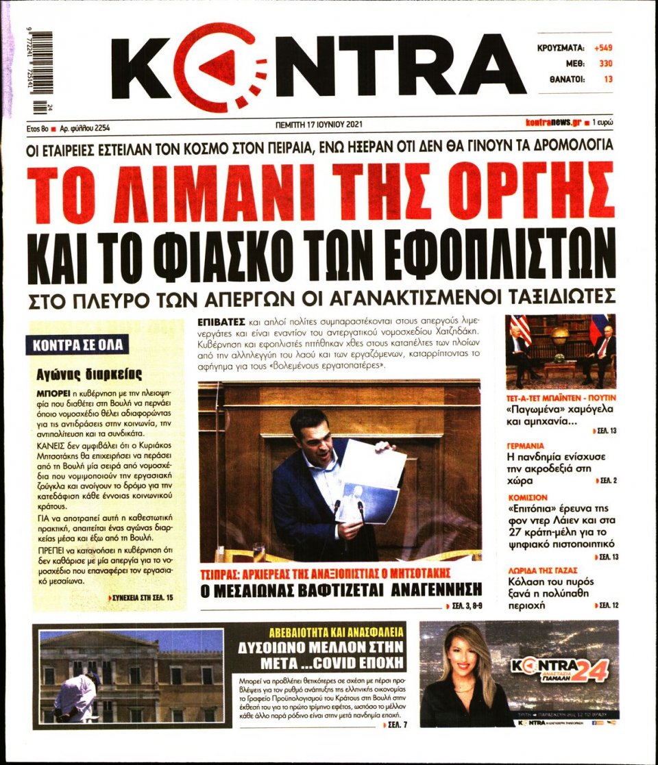 Πρωτοσέλιδο Εφημερίδας - KONTRA NEWS - 2021-06-17