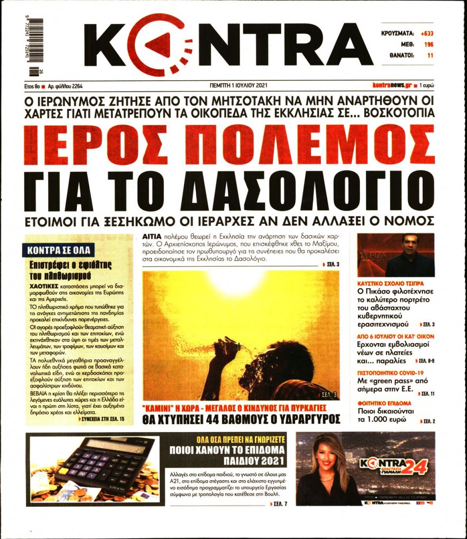Πρωτοσέλιδο Εφημερίδας - KONTRA NEWS - 2021-07-01
