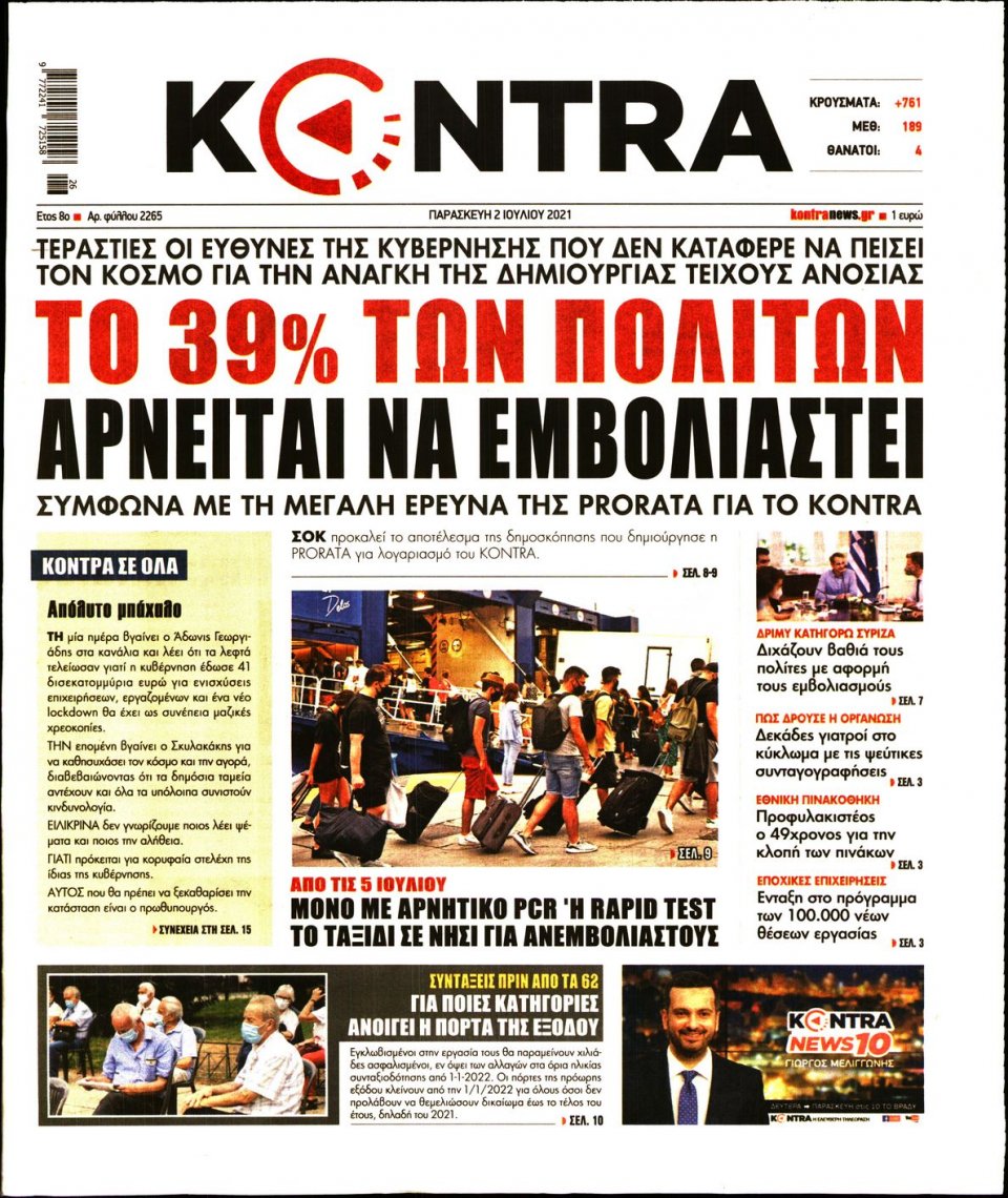 Πρωτοσέλιδο Εφημερίδας - KONTRA NEWS - 2021-07-02