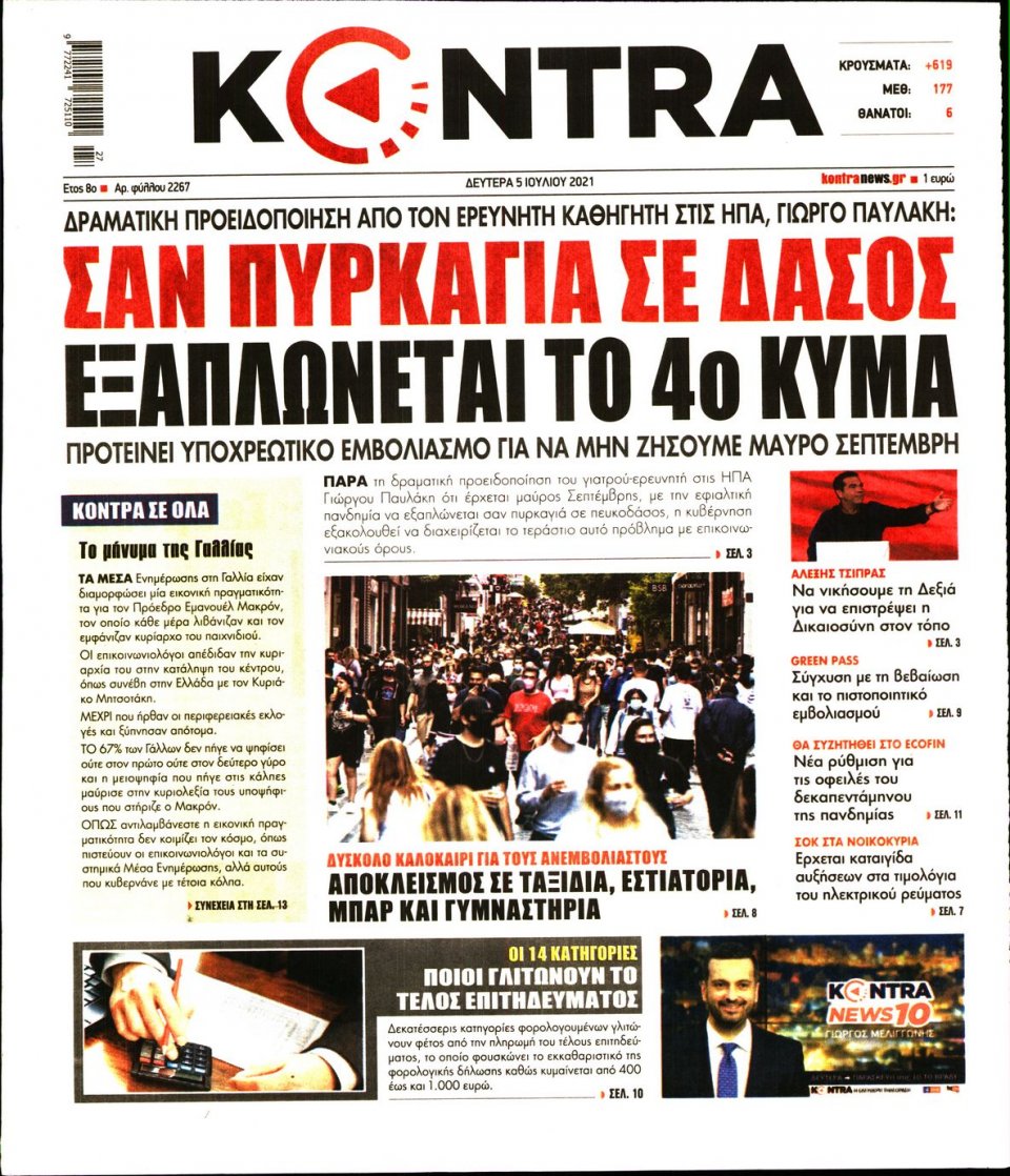 Πρωτοσέλιδο Εφημερίδας - KONTRA NEWS - 2021-07-05