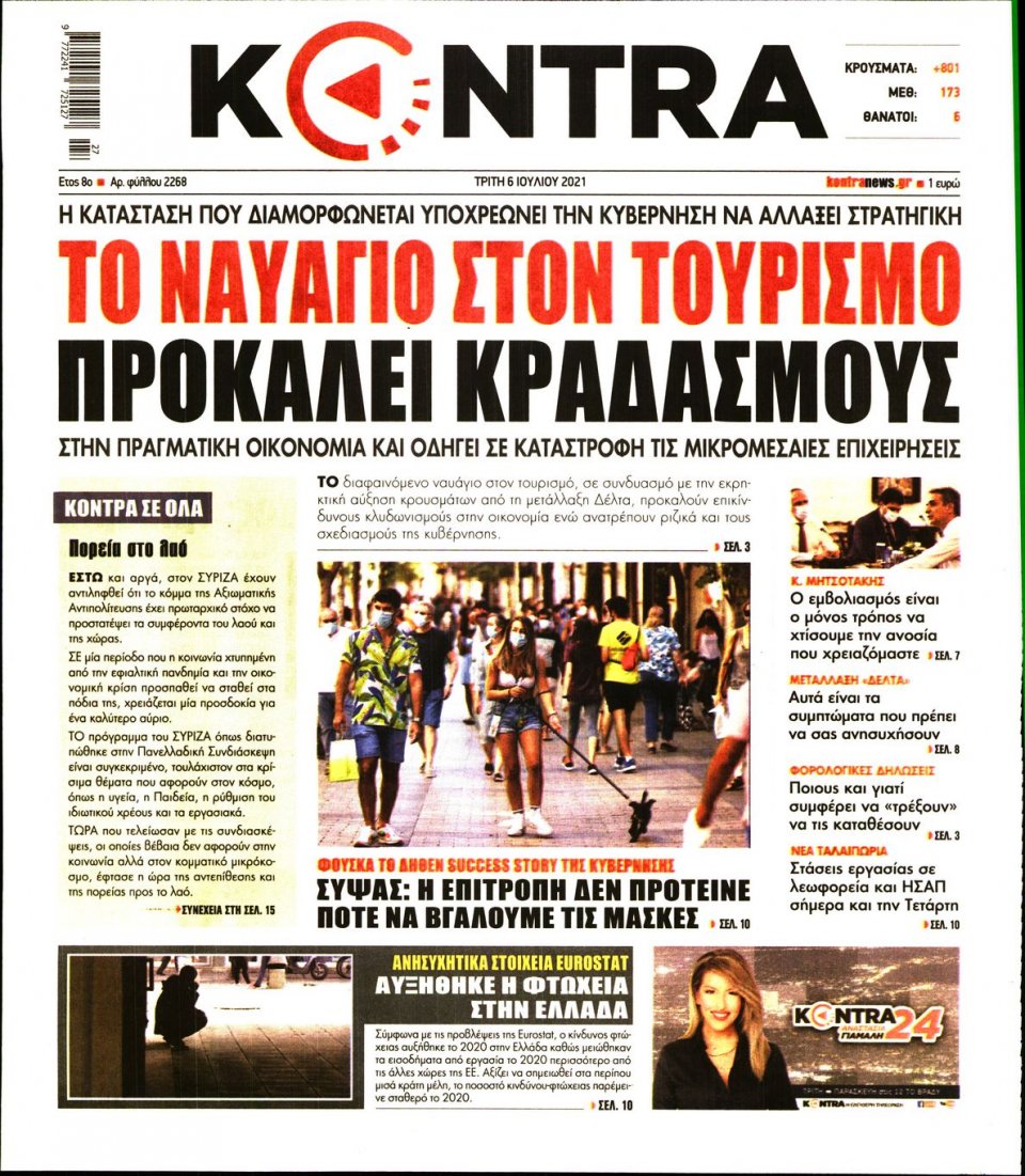 Πρωτοσέλιδο Εφημερίδας - KONTRA NEWS - 2021-07-06