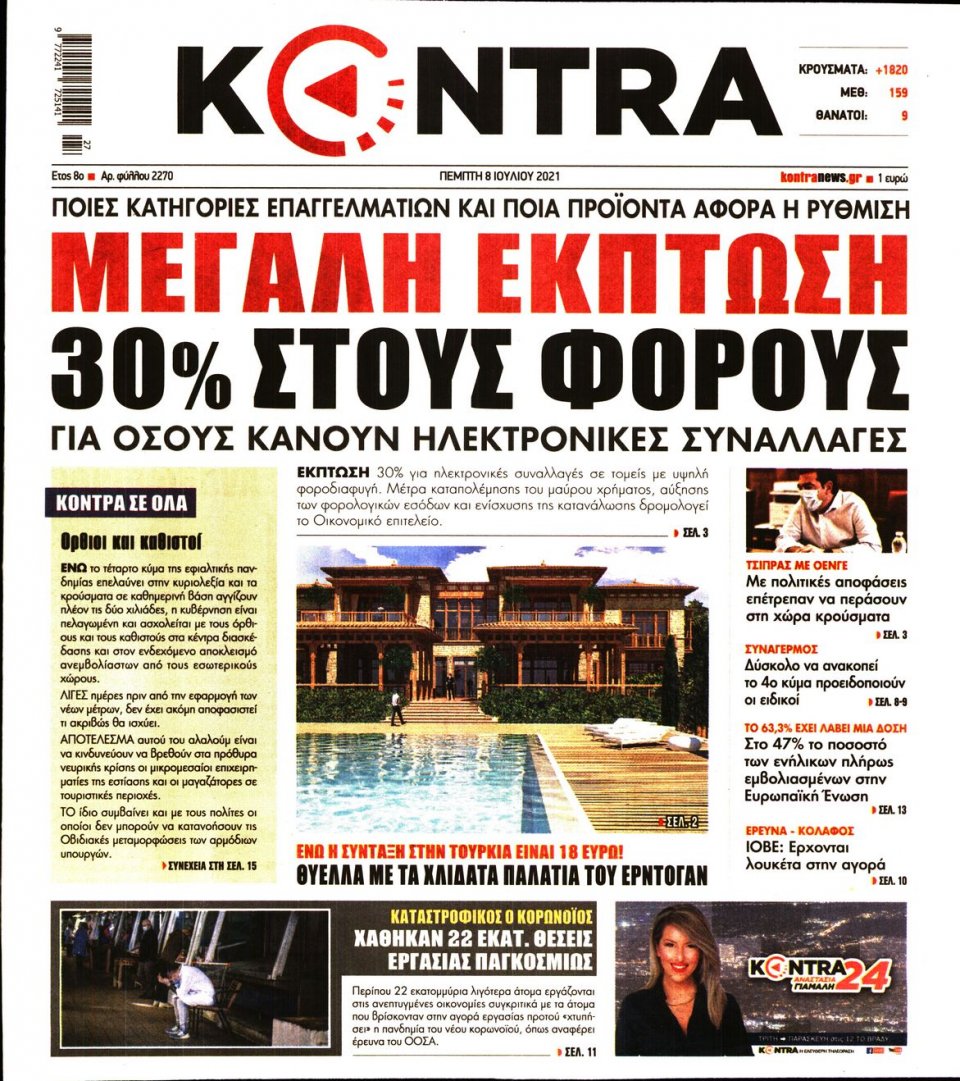 Πρωτοσέλιδο Εφημερίδας - KONTRA NEWS - 2021-07-08