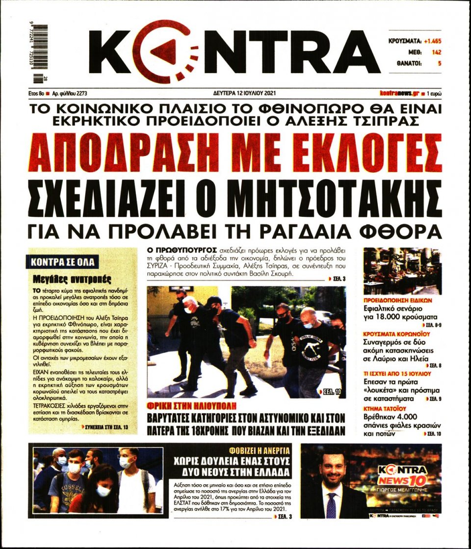 Πρωτοσέλιδο Εφημερίδας - KONTRA NEWS - 2021-07-12