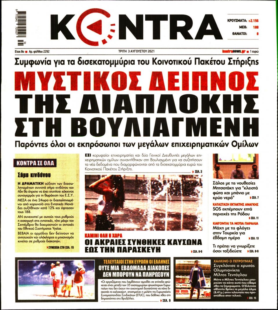 Πρωτοσέλιδο Εφημερίδας - KONTRA NEWS - 2021-08-03