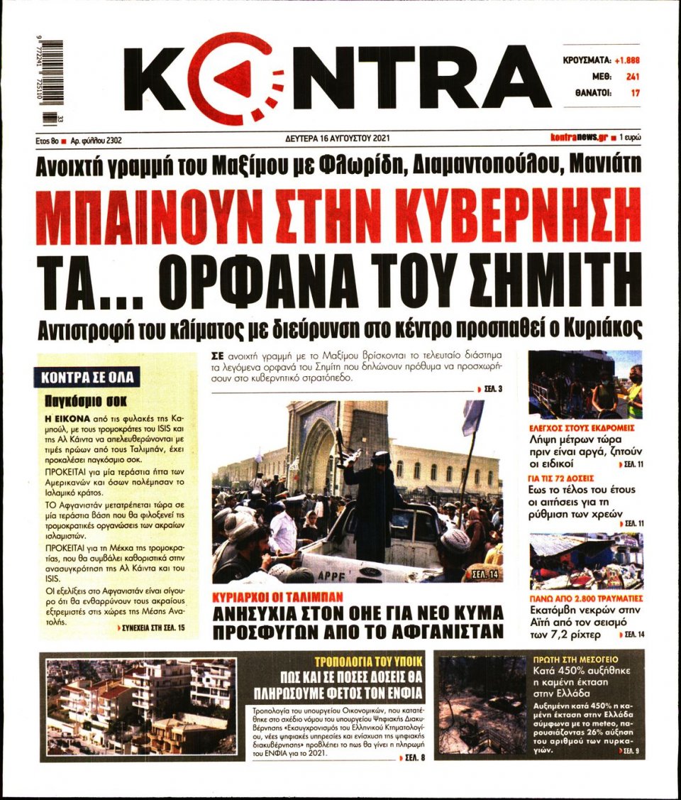 Πρωτοσέλιδο Εφημερίδας - KONTRA NEWS - 2021-08-16