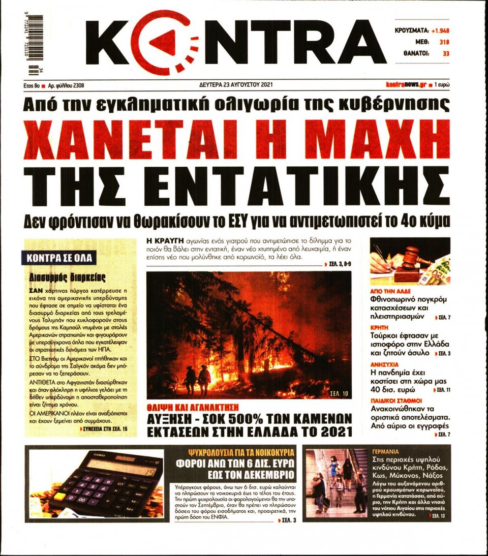 Πρωτοσέλιδο Εφημερίδας - KONTRA NEWS - 2021-08-23