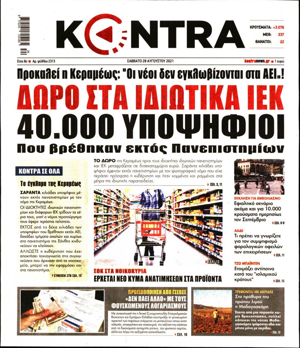 Πρωτοσέλιδο Εφημερίδας - KONTRA NEWS - 2021-08-28