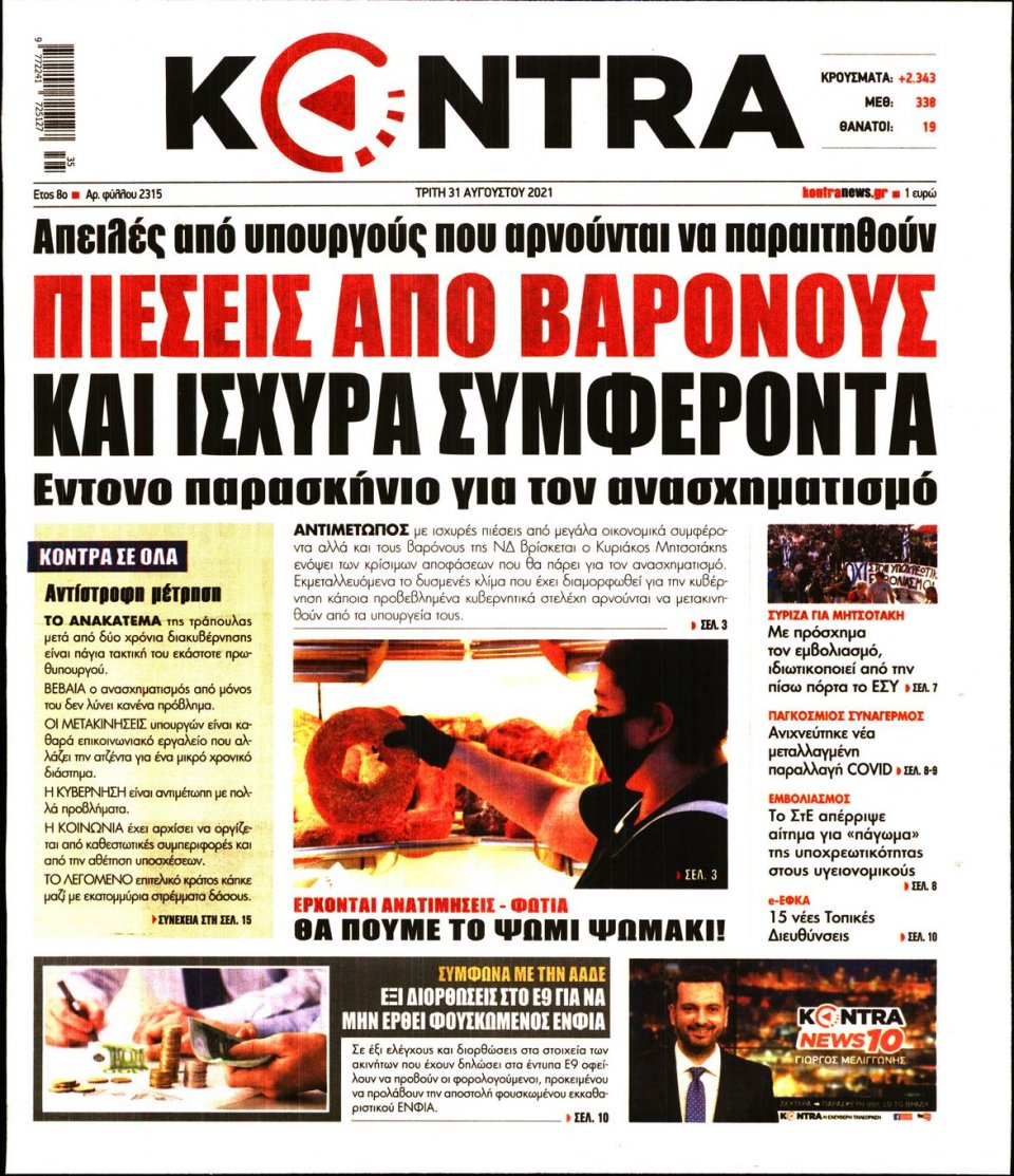 Πρωτοσέλιδο Εφημερίδας - KONTRA NEWS - 2021-08-31