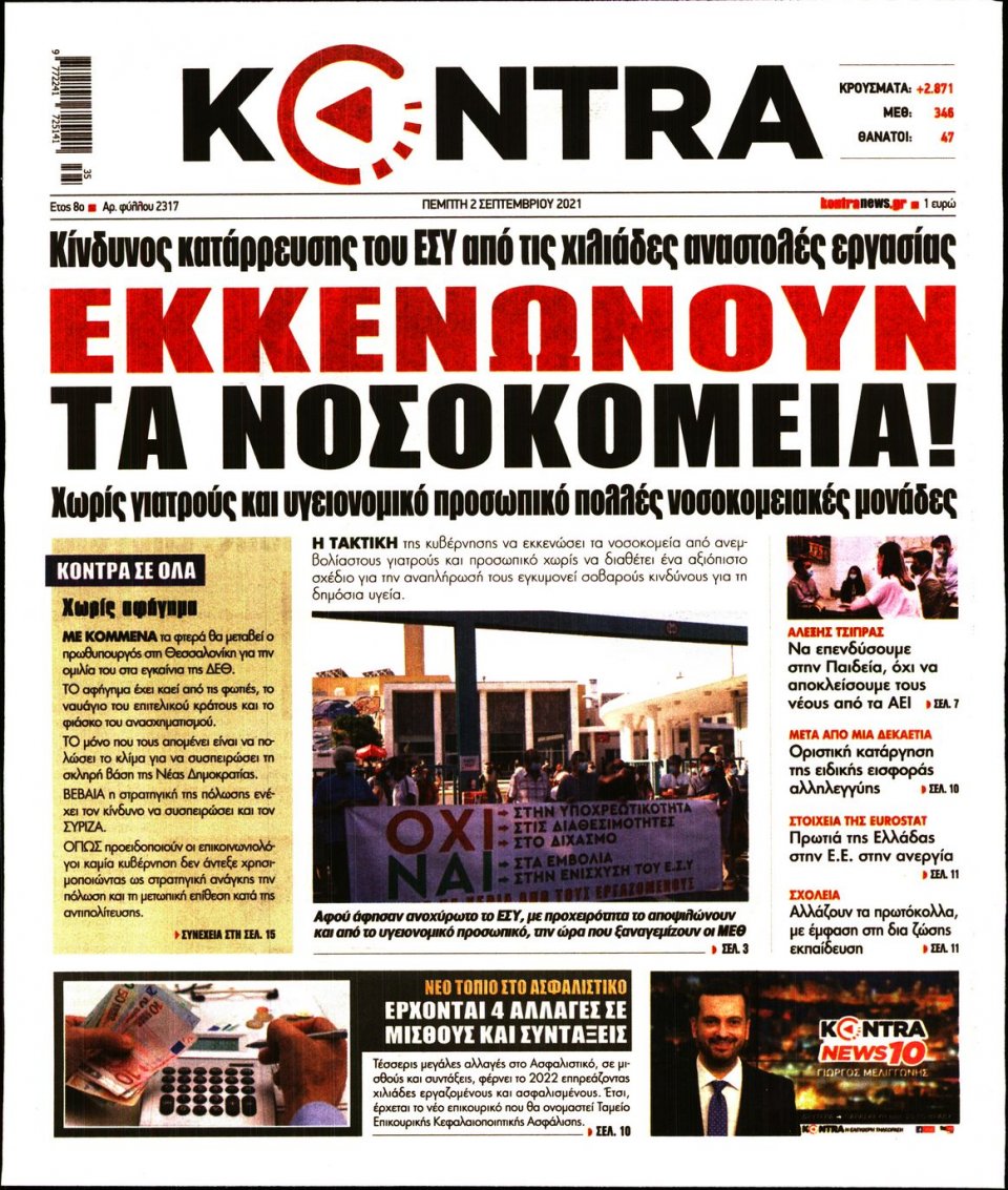 Πρωτοσέλιδο Εφημερίδας - KONTRA NEWS - 2021-09-02