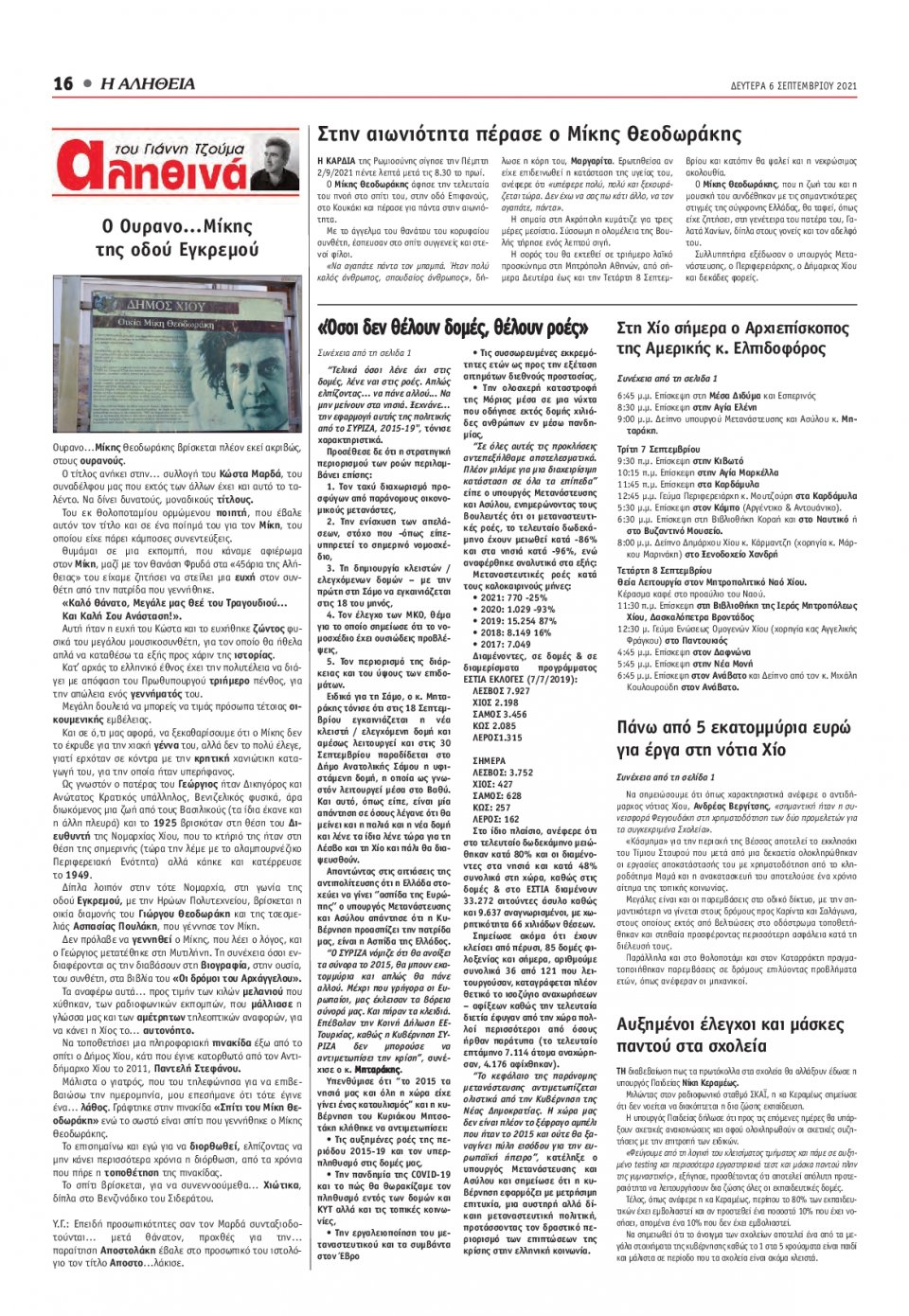 Οπισθόφυλλο Εφημερίδας - ΑΛΗΘΕΙΑ ΧΙΟΥ - 2021-09-06