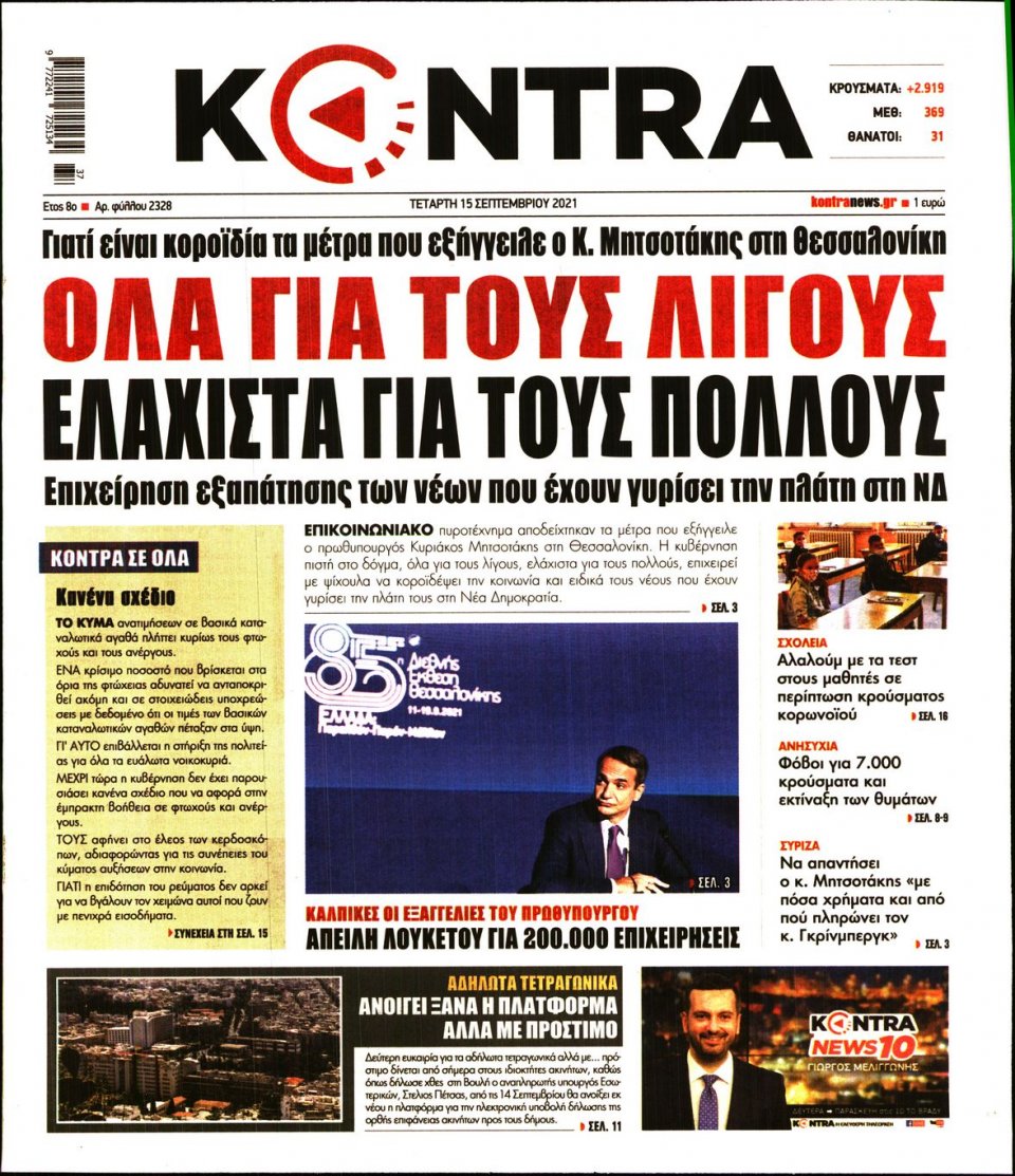 Πρωτοσέλιδο Εφημερίδας - KONTRA NEWS - 2021-09-15