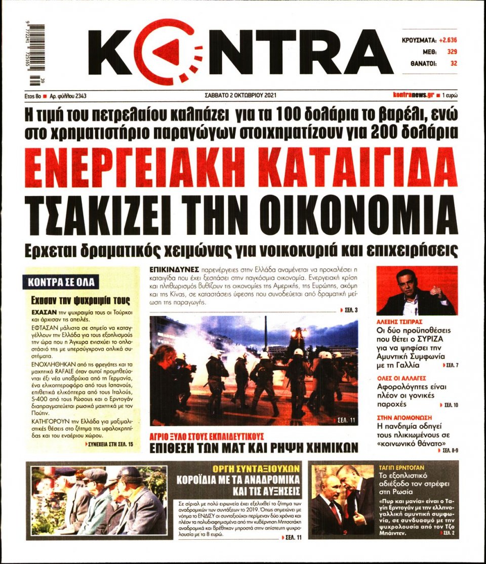 Πρωτοσέλιδο Εφημερίδας - KONTRA NEWS - 2021-10-02