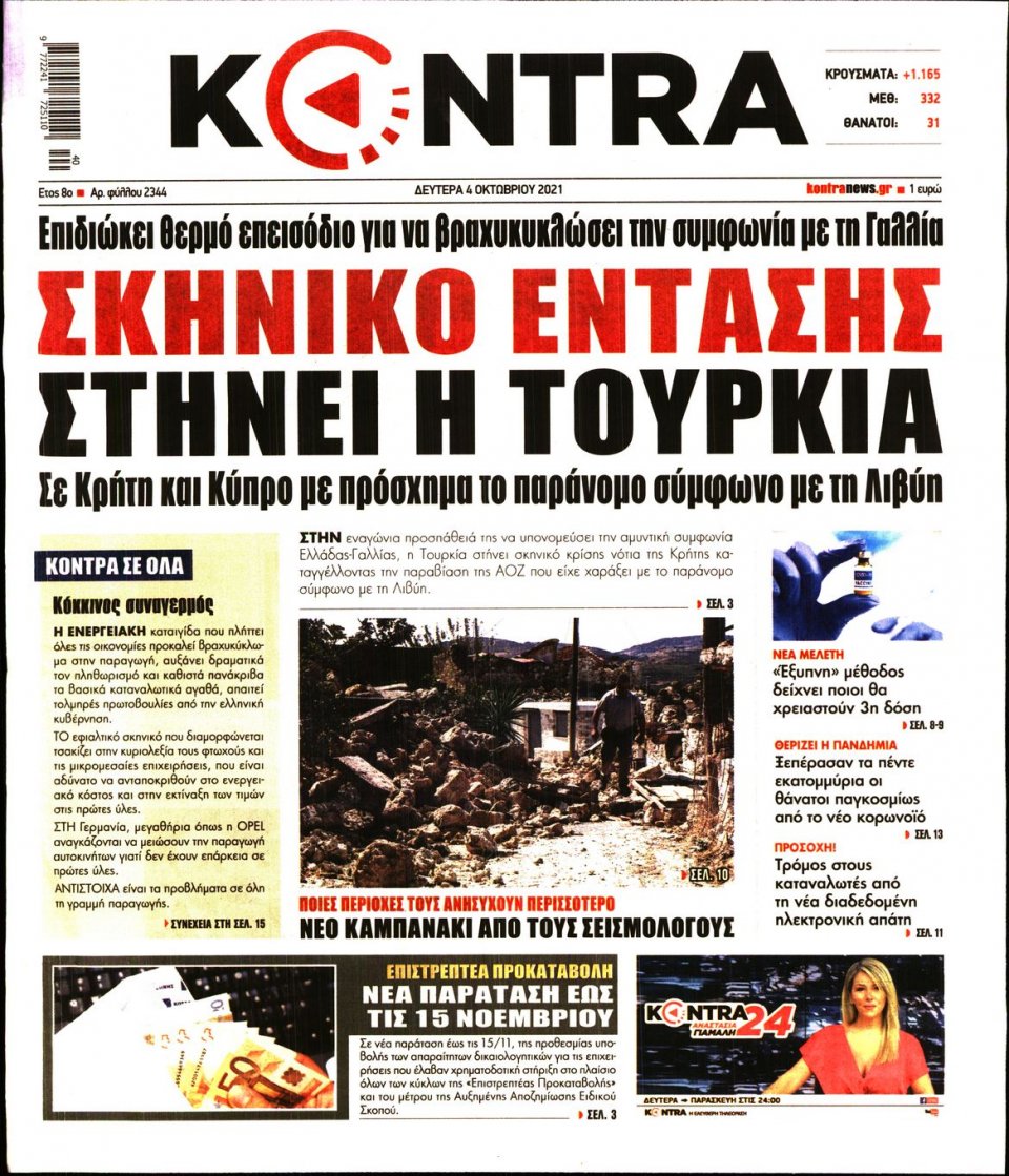Πρωτοσέλιδο Εφημερίδας - KONTRA NEWS - 2021-10-04