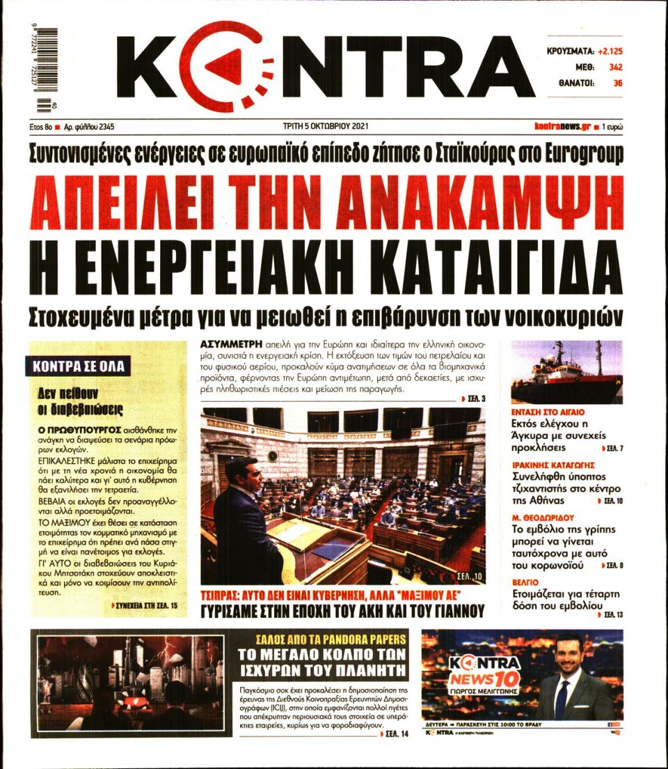 Πρωτοσέλιδο Εφημερίδας - KONTRA NEWS - 2021-10-05
