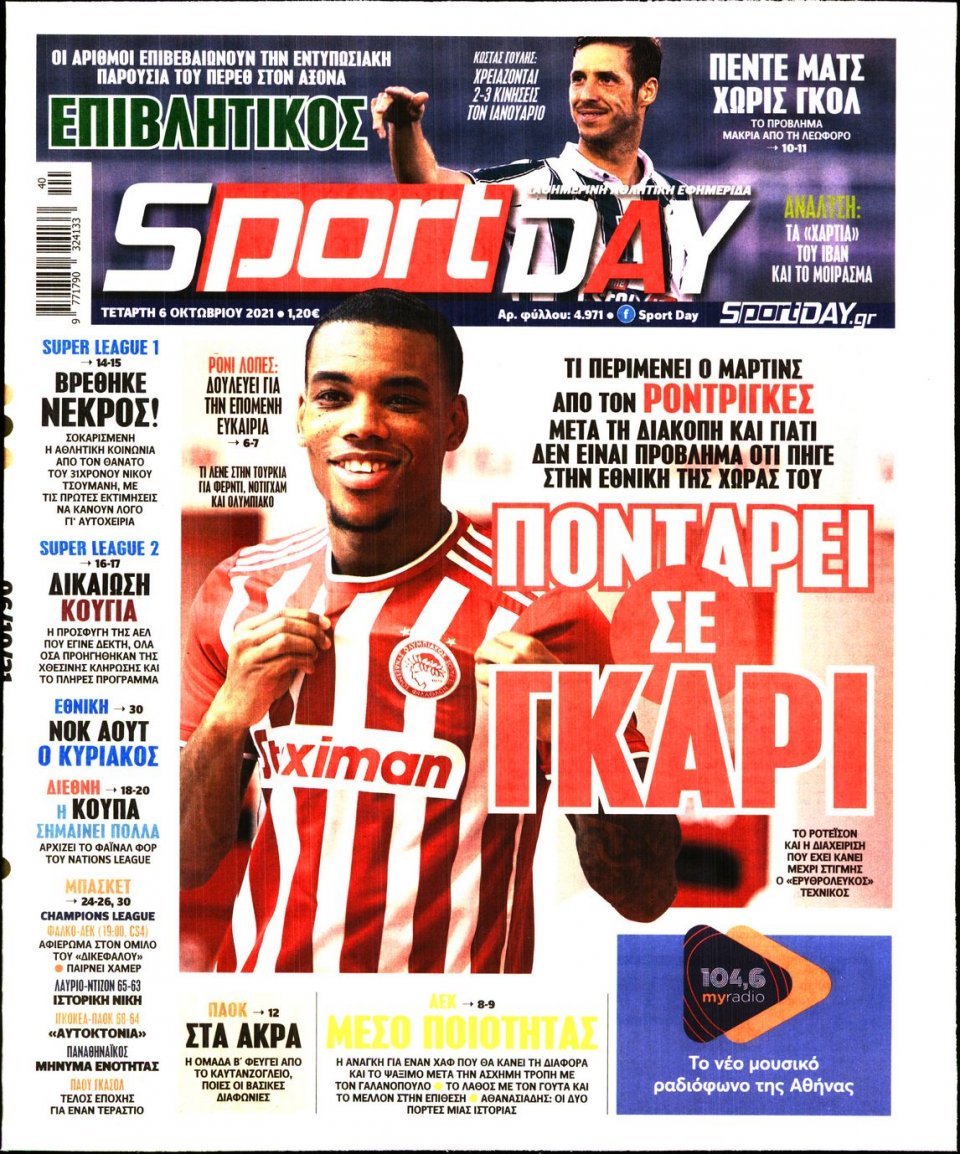 Πρωτοσέλιδο Εφημερίδας - Sportday - 2021-10-06