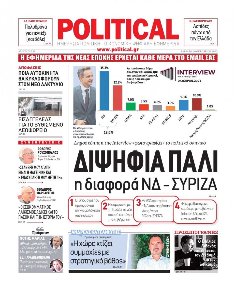 Πρωτοσέλιδο Εφημερίδας - POLITICAL - 2021-10-16