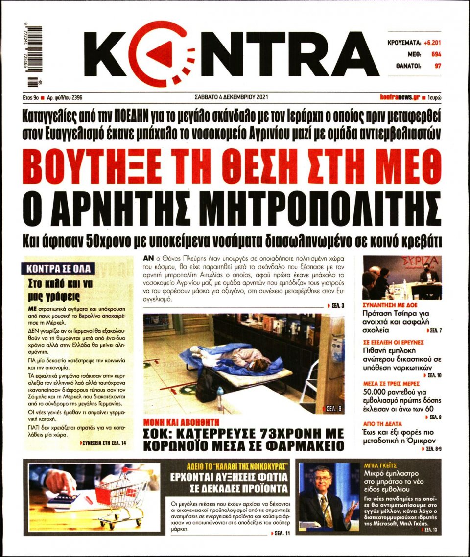 Πρωτοσέλιδο Εφημερίδας - KONTRA NEWS - 2021-12-04