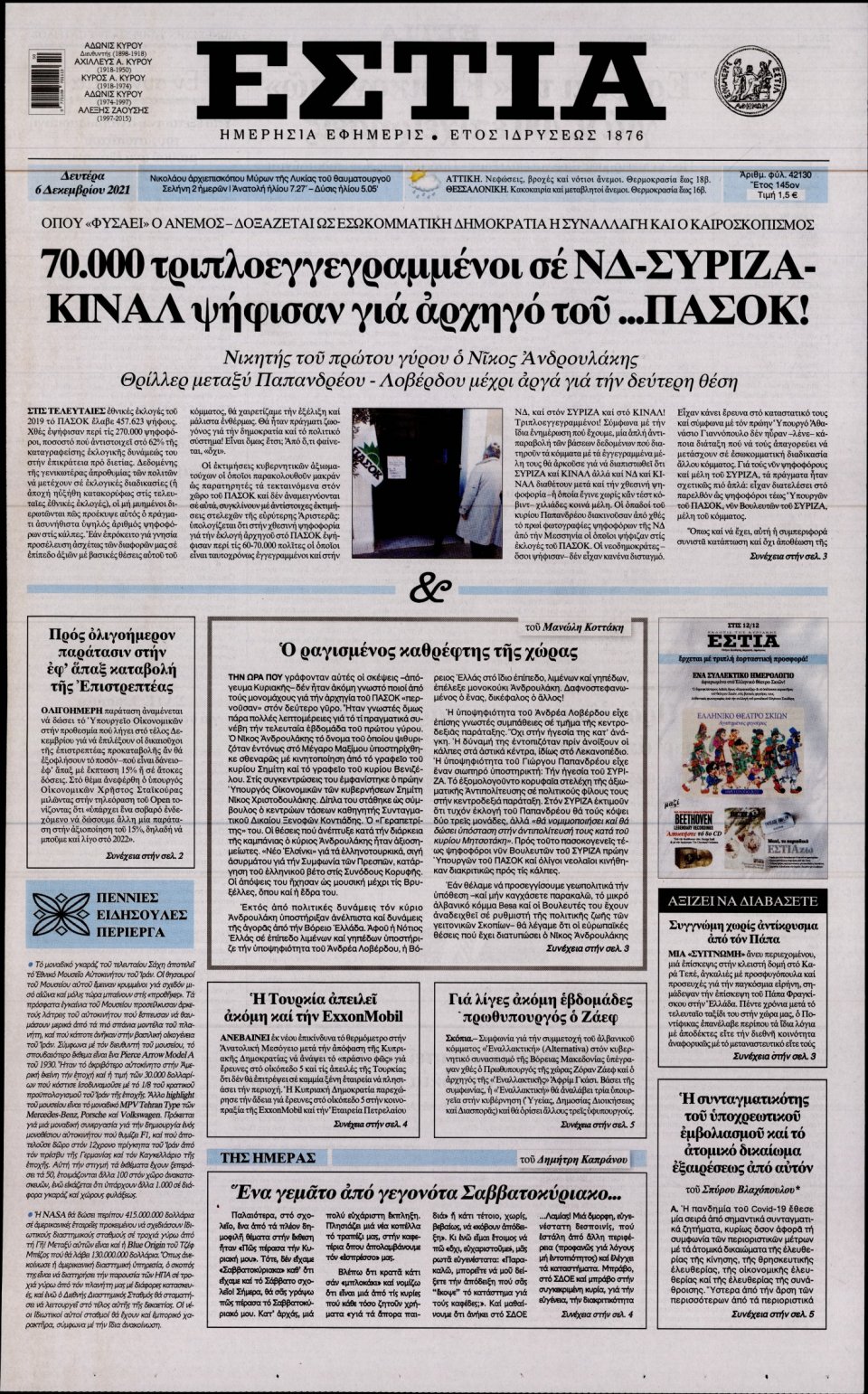 Πρωτοσέλιδο Εφημερίδας - Εστία - 2021-12-06
