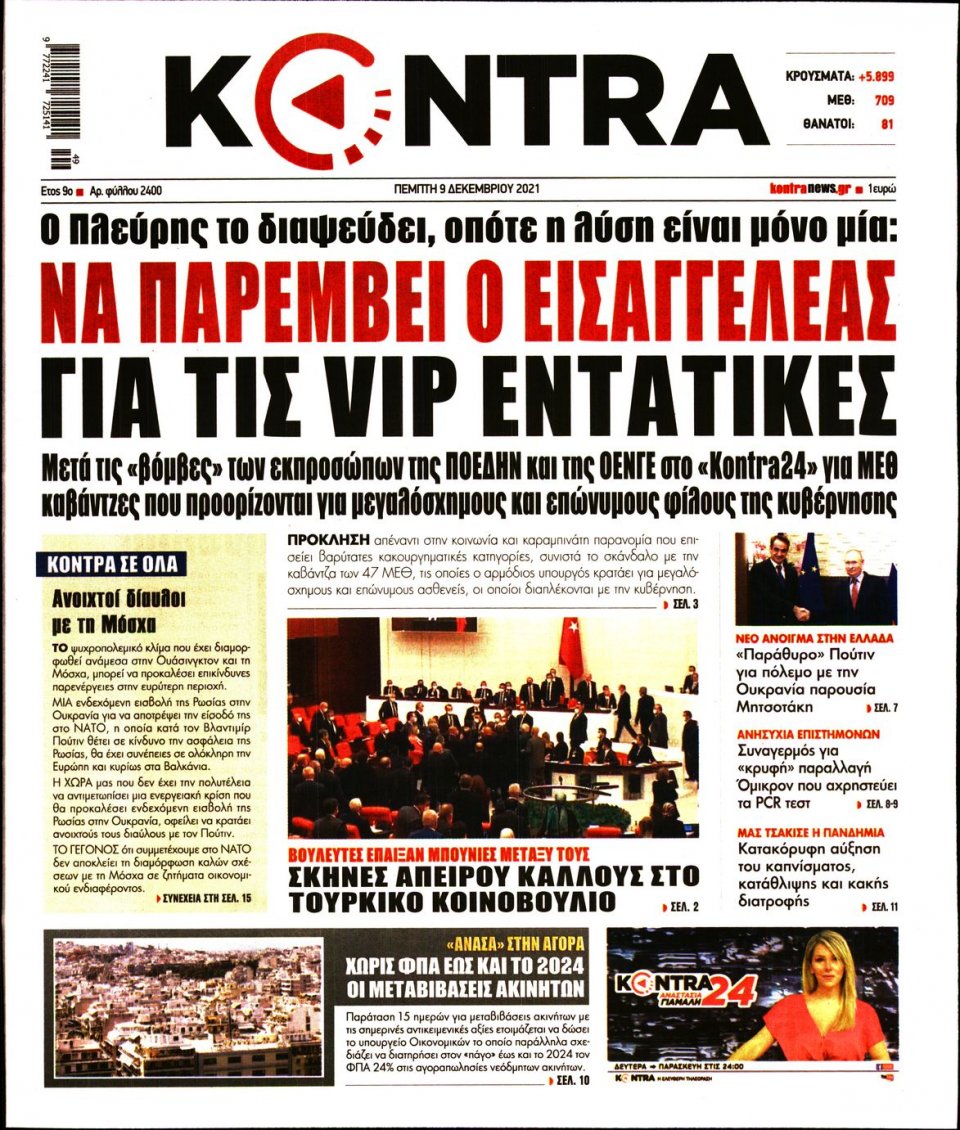 Πρωτοσέλιδο Εφημερίδας - KONTRA NEWS - 2021-12-09