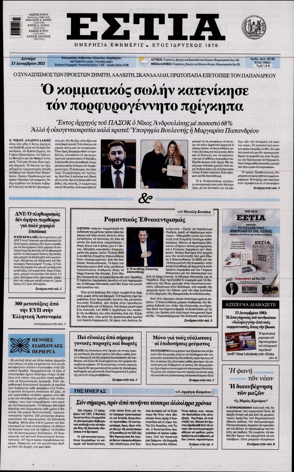 Πρωτοσέλιδο Εφημερίδας - Εστία - 2021-12-13