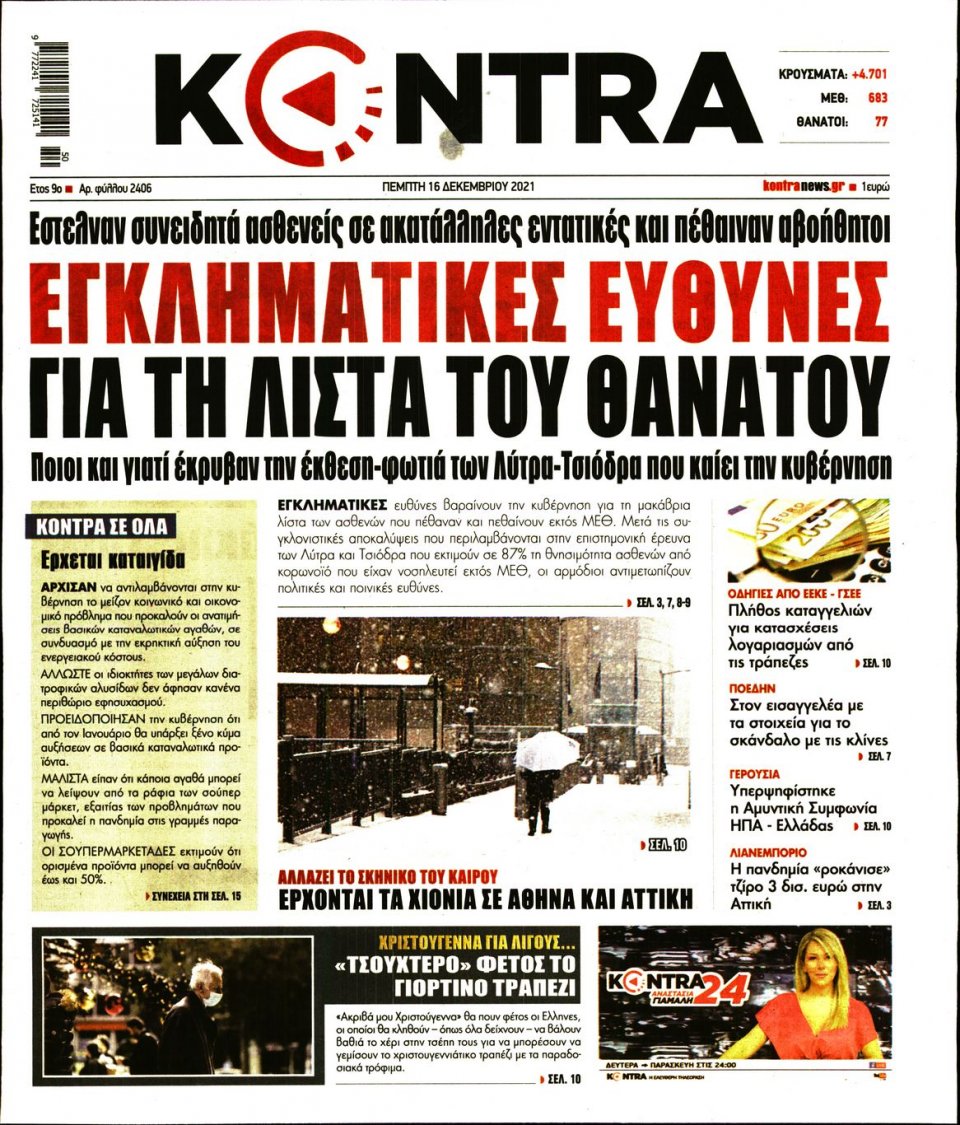 Πρωτοσέλιδο Εφημερίδας - KONTRA NEWS - 2021-12-16