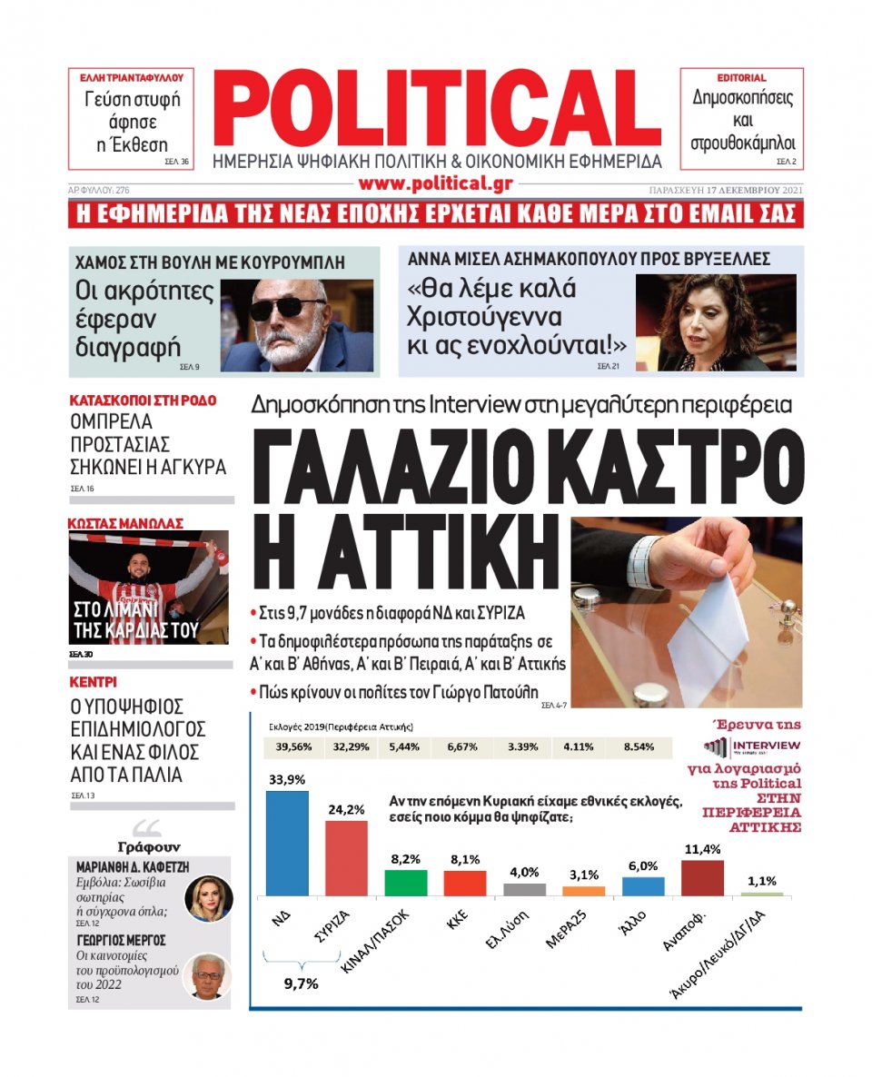 Πρωτοσέλιδο Εφημερίδας - POLITICAL - 2021-12-17