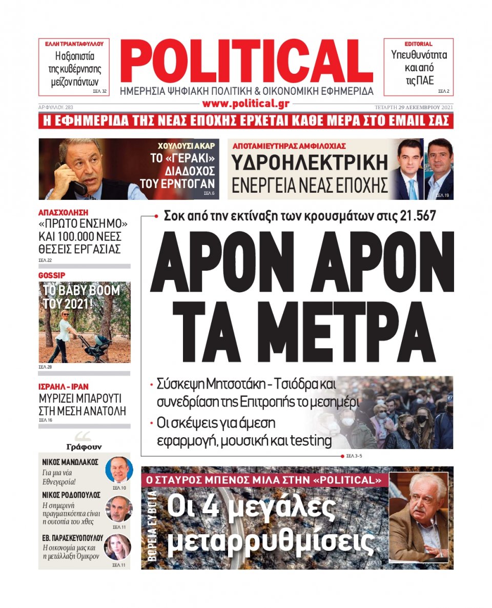 Πρωτοσέλιδο Εφημερίδας - POLITICAL - 2021-12-29