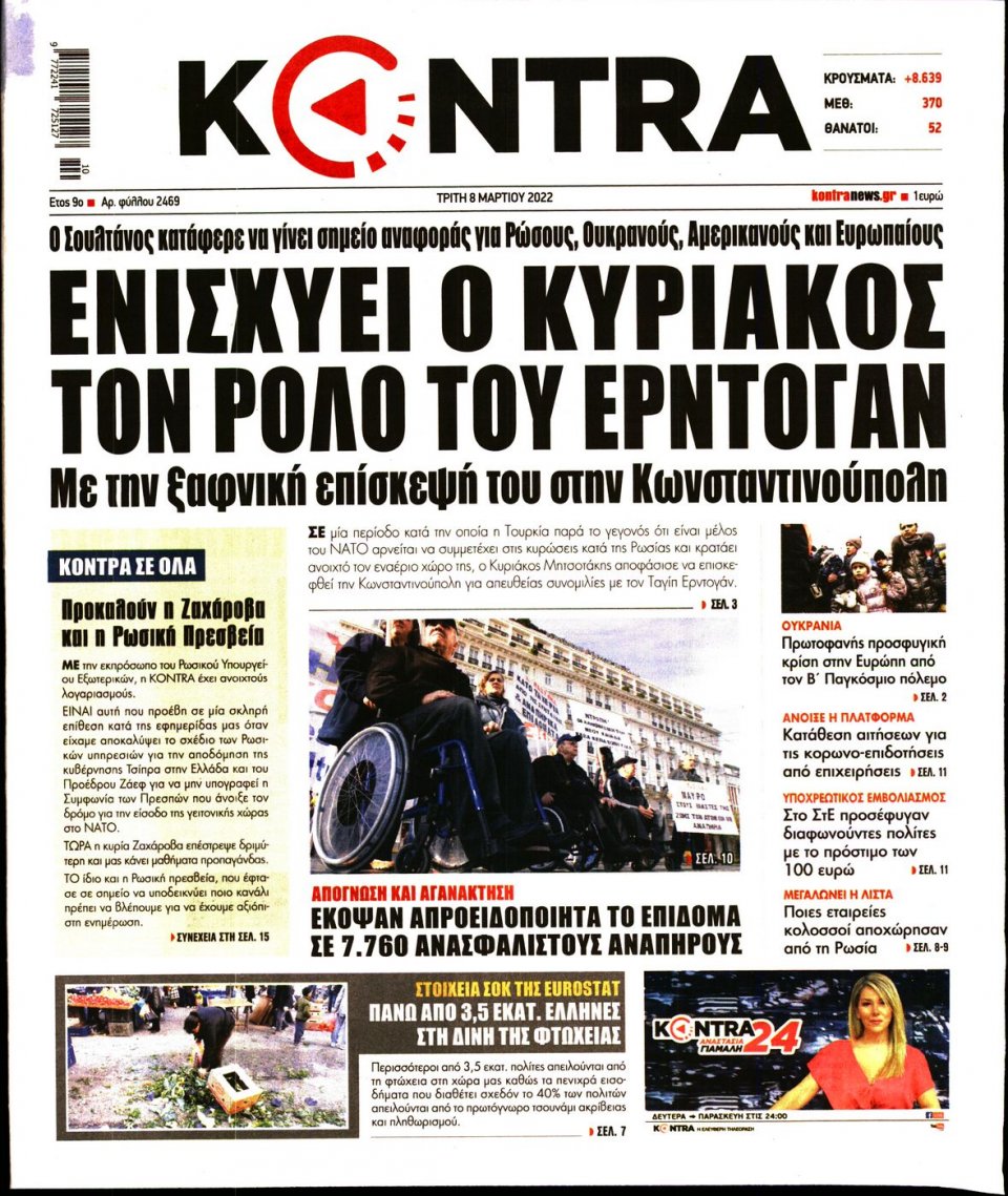 Πρωτοσέλιδο Εφημερίδας - KONTRA NEWS - 2022-03-08