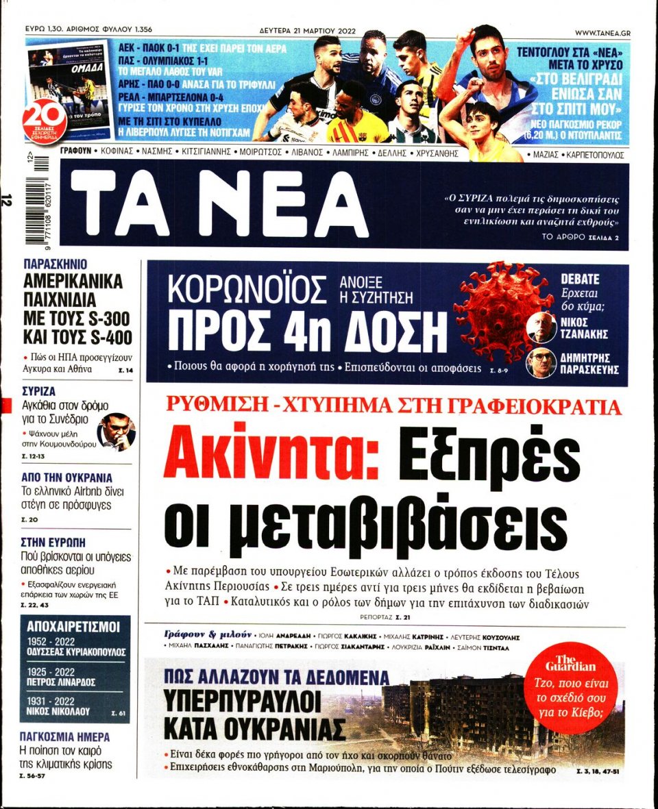 Πρωτοσέλιδο Εφημερίδας - Τα Νέα - 2022-03-21