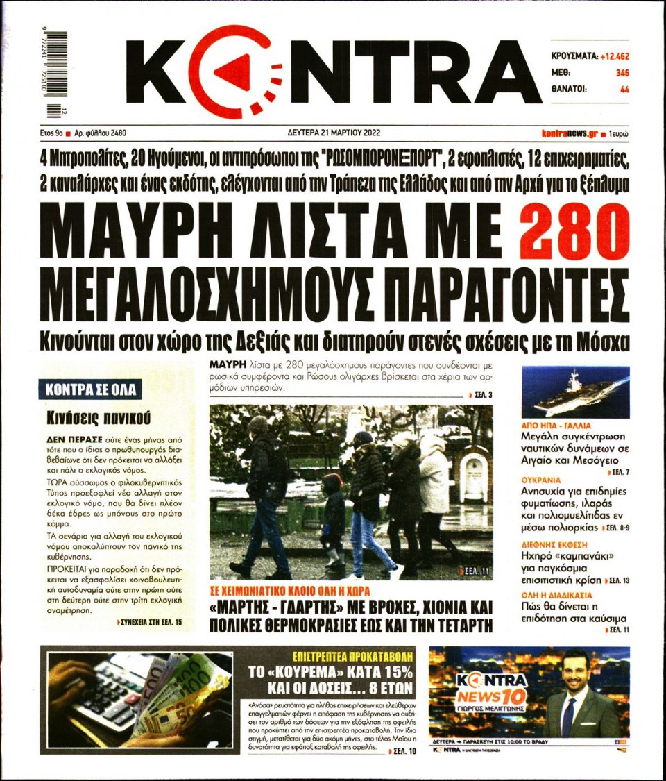 Πρωτοσέλιδο Εφημερίδας - KONTRA NEWS - 2022-03-21