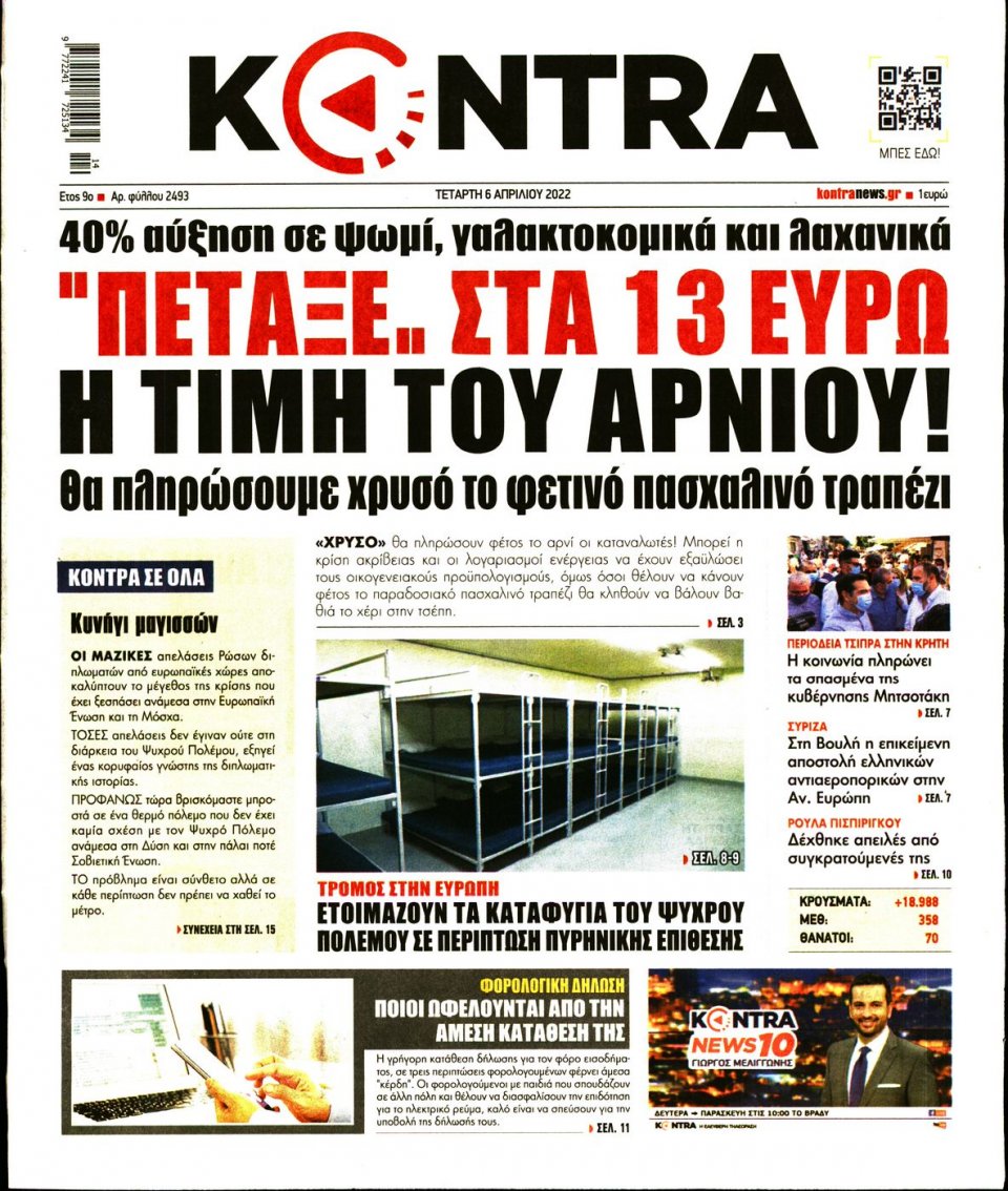 Πρωτοσέλιδο Εφημερίδας - KONTRA NEWS - 2022-04-06