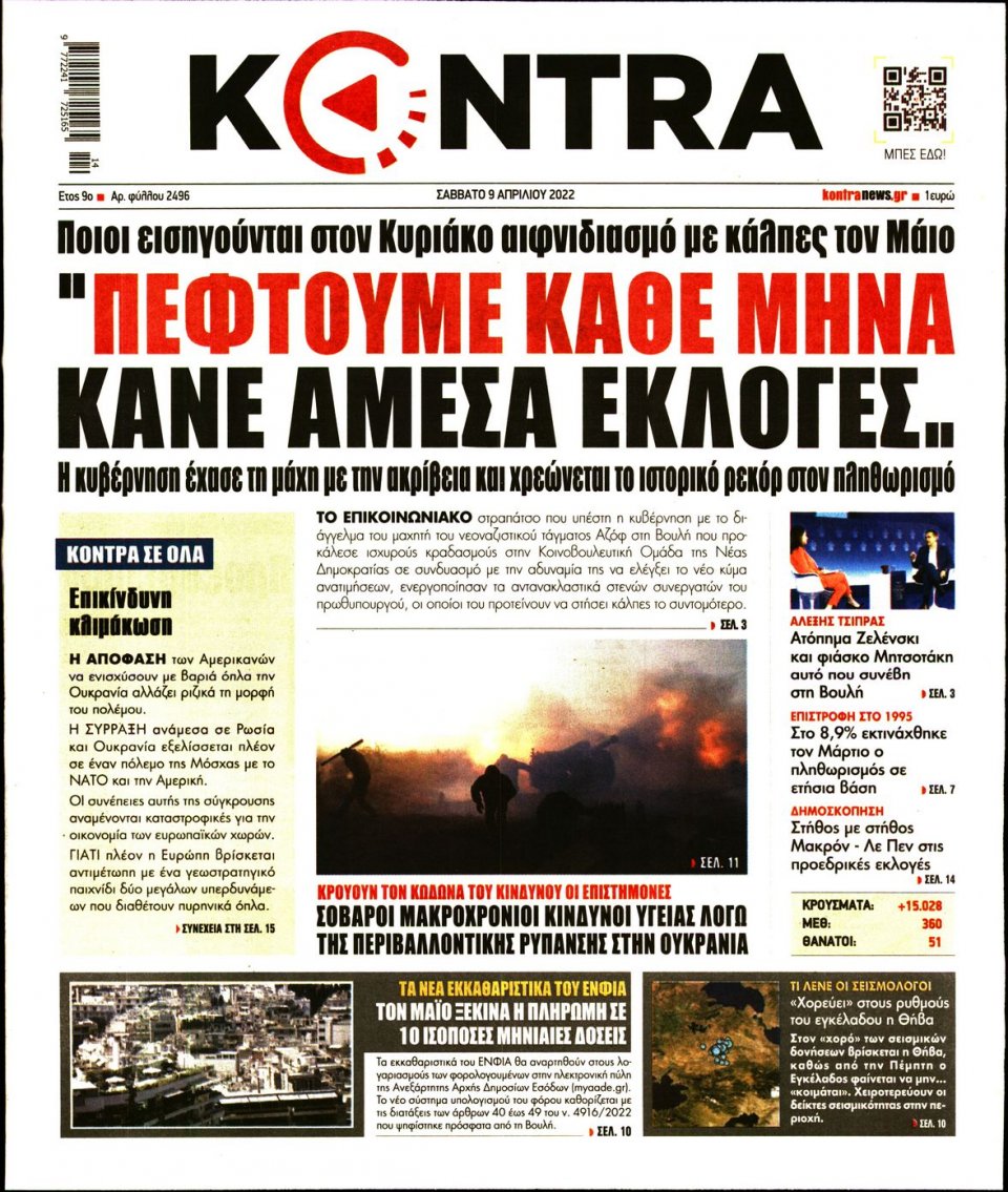 Πρωτοσέλιδο Εφημερίδας - KONTRA NEWS - 2022-04-09