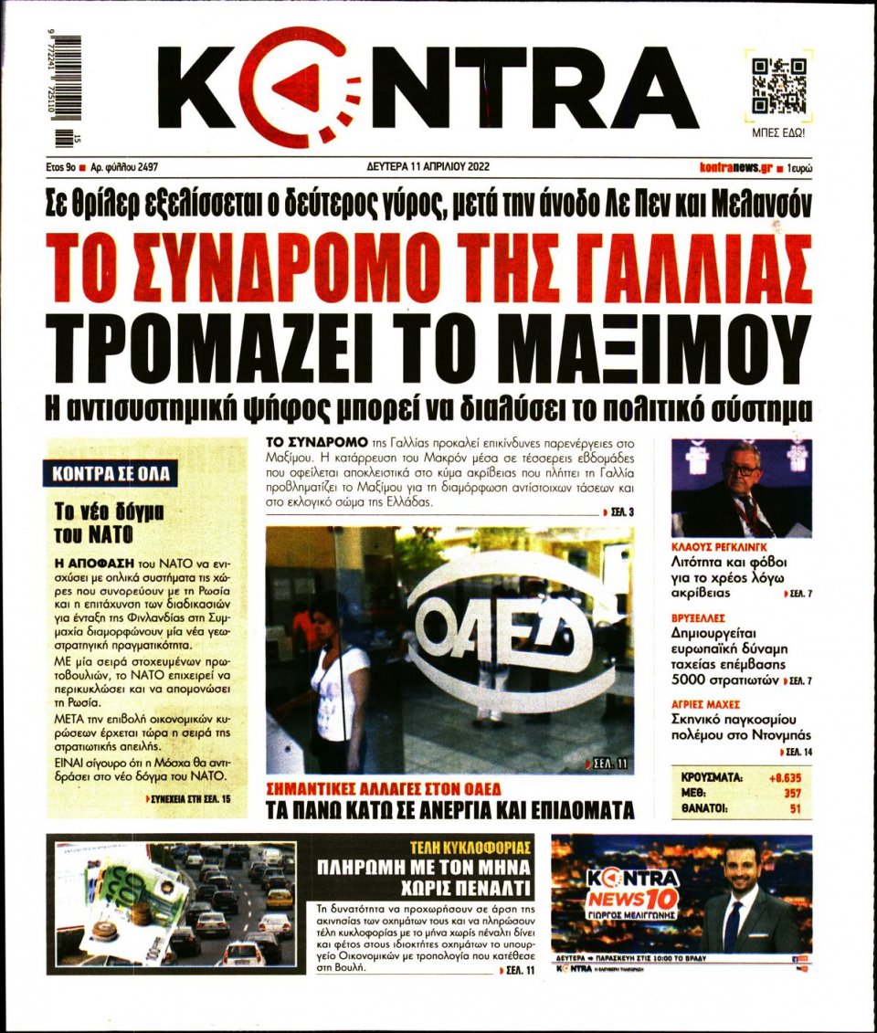 Πρωτοσέλιδο Εφημερίδας - KONTRA NEWS - 2022-04-11