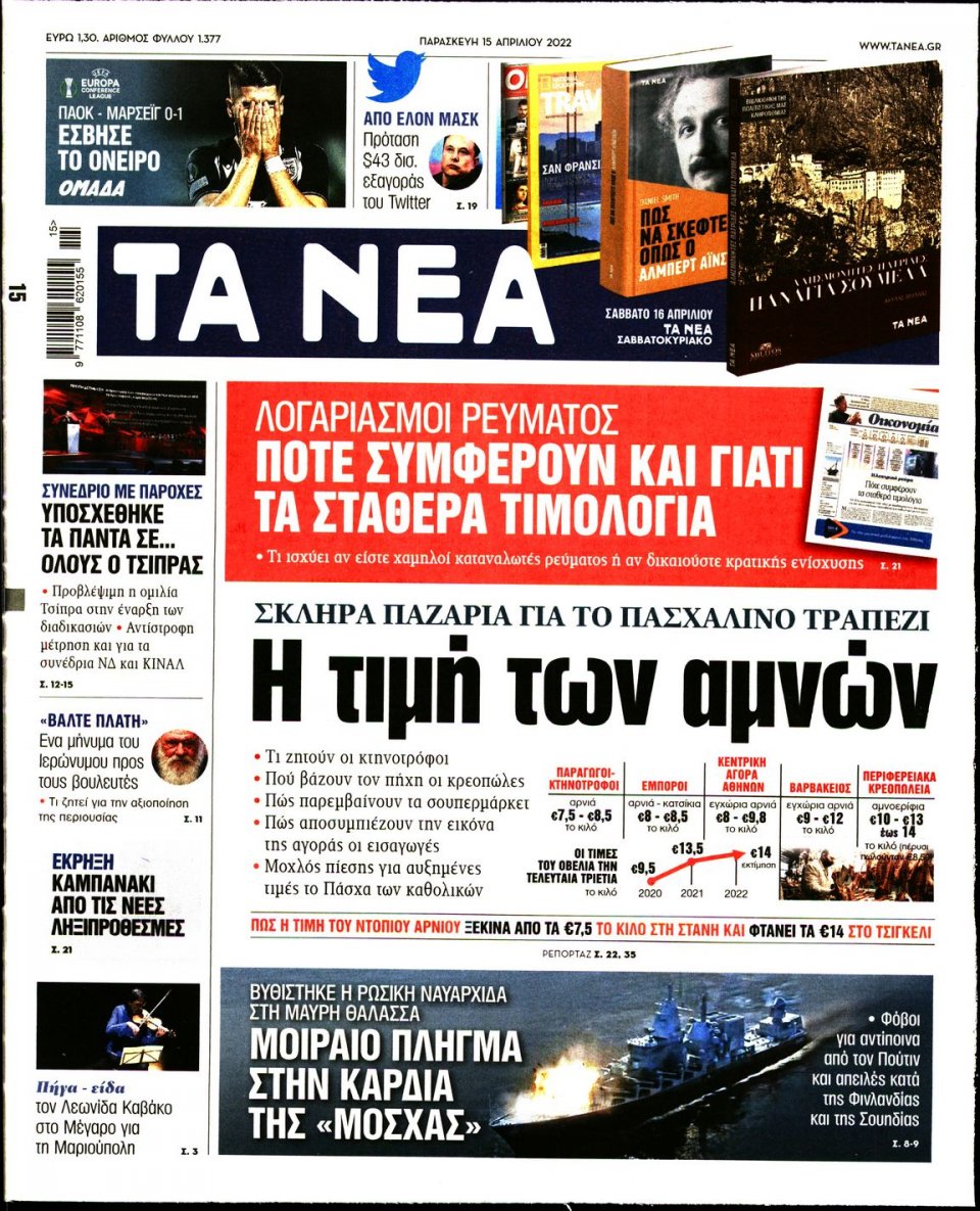 Πρωτοσέλιδο Εφημερίδας - Τα Νέα - 2022-04-15