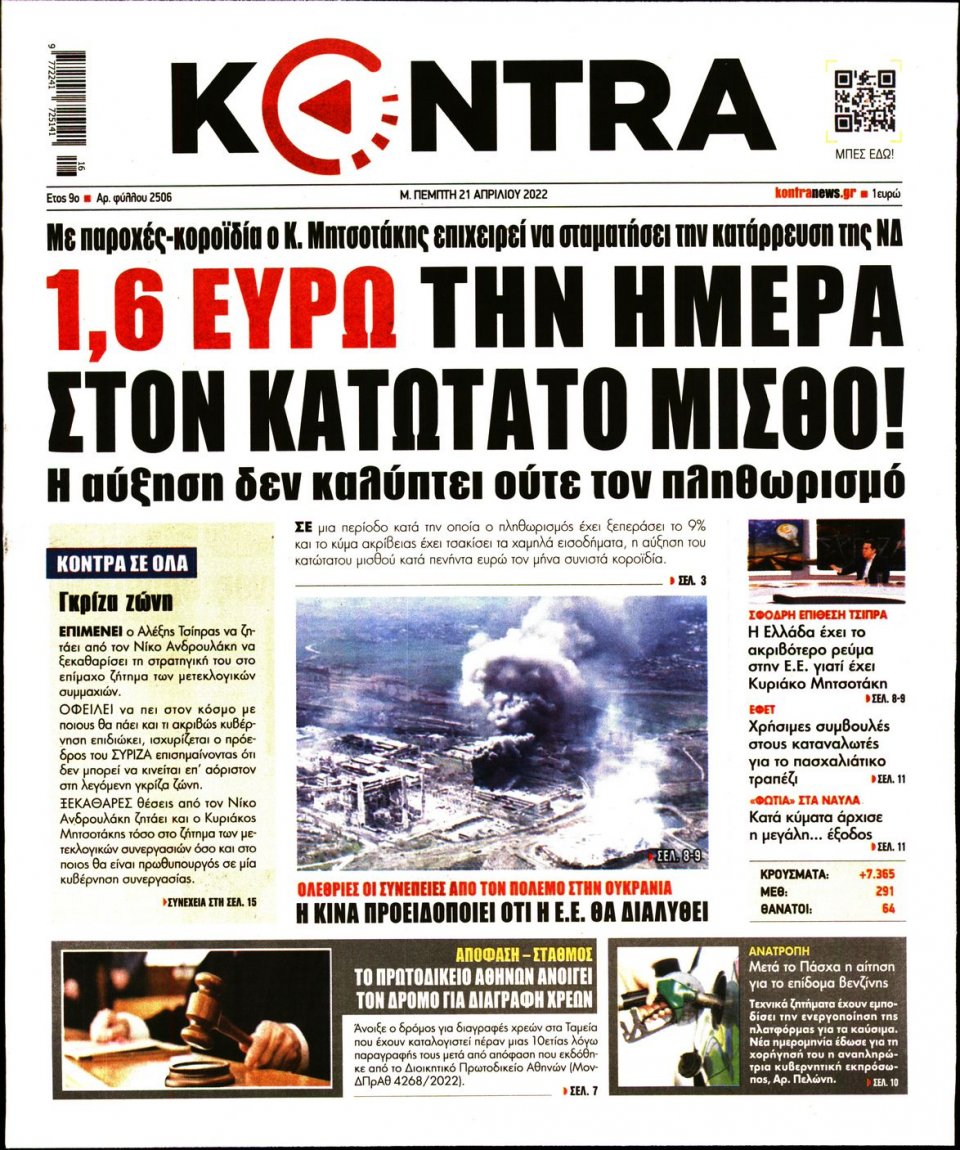 Πρωτοσέλιδο Εφημερίδας - KONTRA NEWS - 2022-04-21