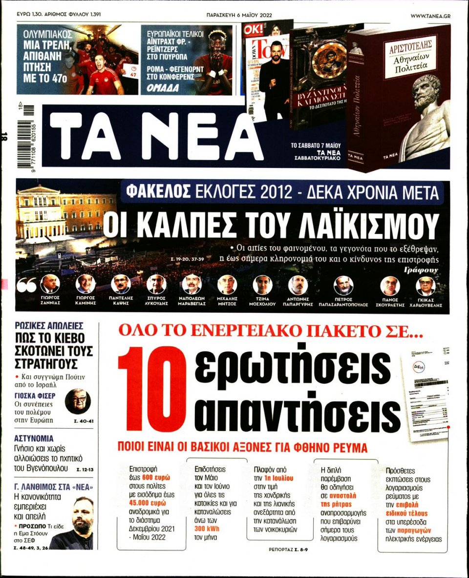 Πρωτοσέλιδο Εφημερίδας - Τα Νέα - 2022-05-06