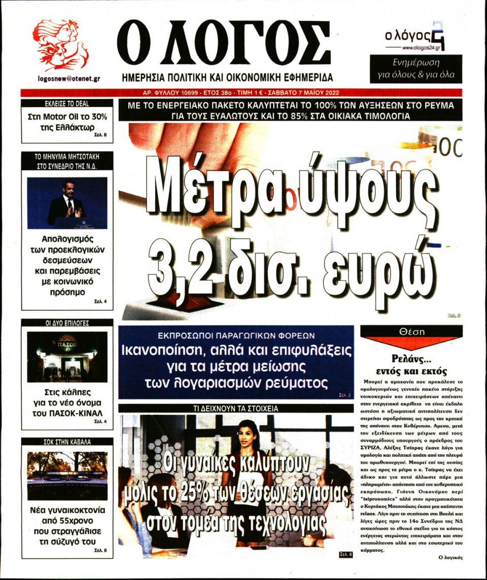 Πρωτοσέλιδο Εφημερίδας - Λόγος - 2022-05-07