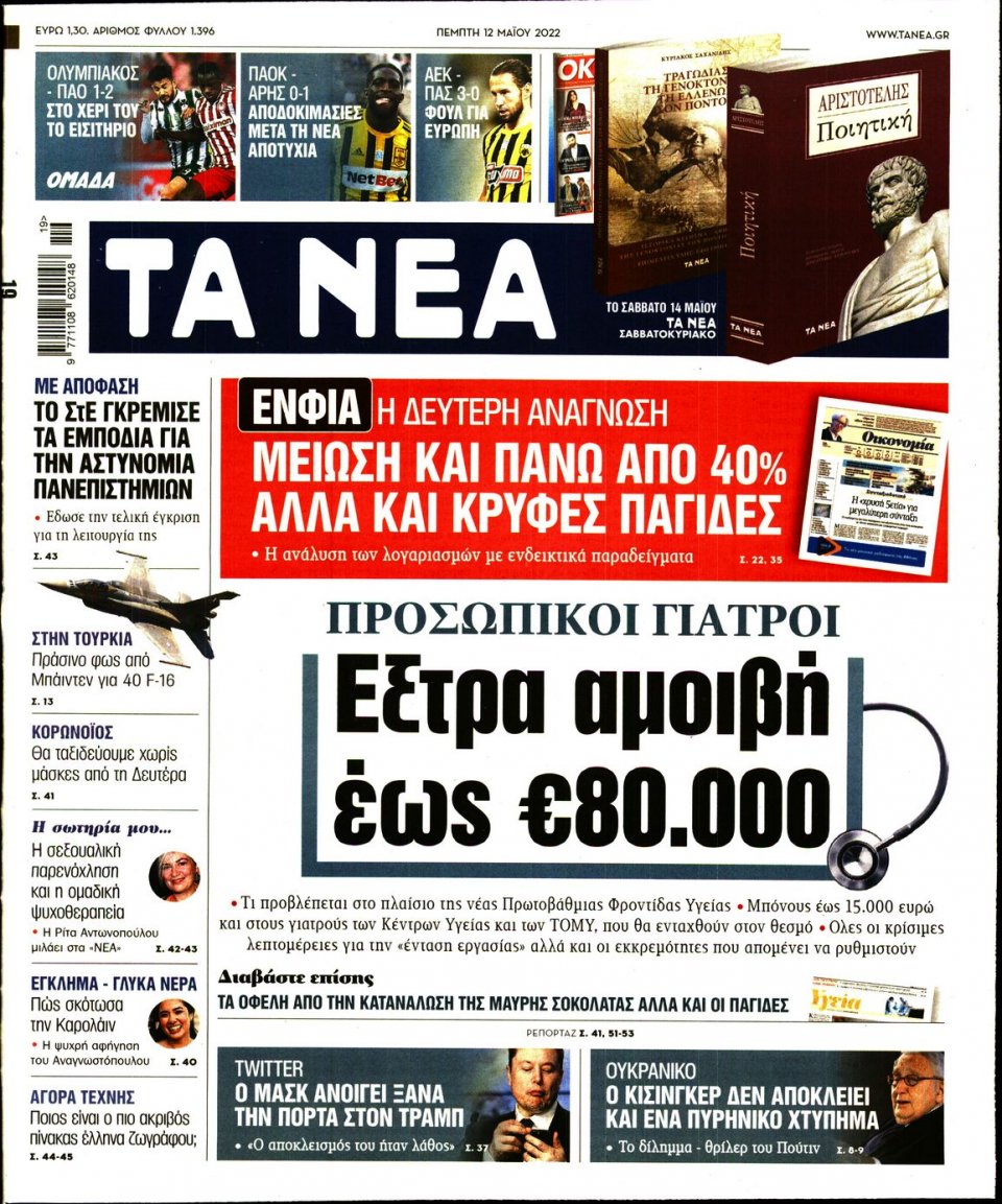 Πρωτοσέλιδο Εφημερίδας - Τα Νέα - 2022-05-12
