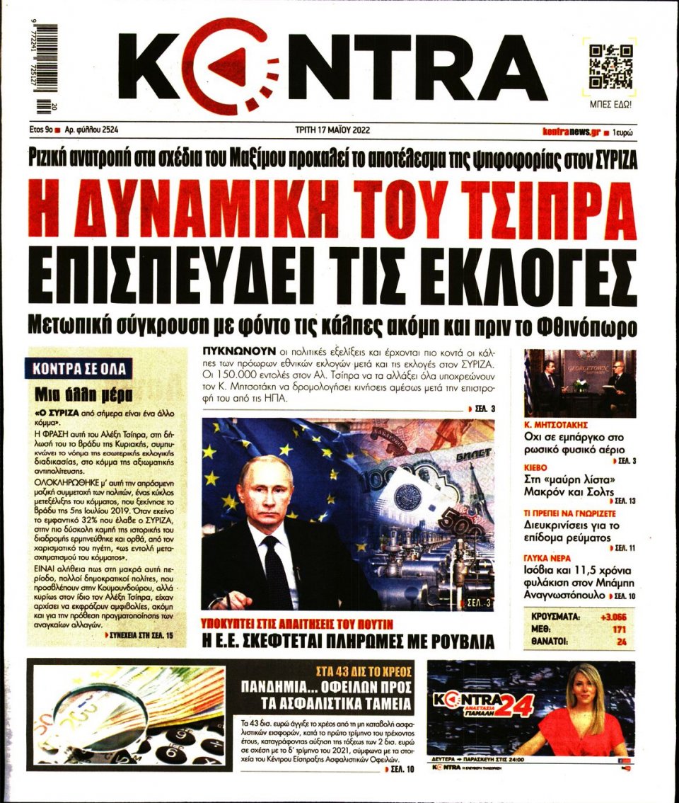 Πρωτοσέλιδο Εφημερίδας - KONTRA NEWS - 2022-05-17