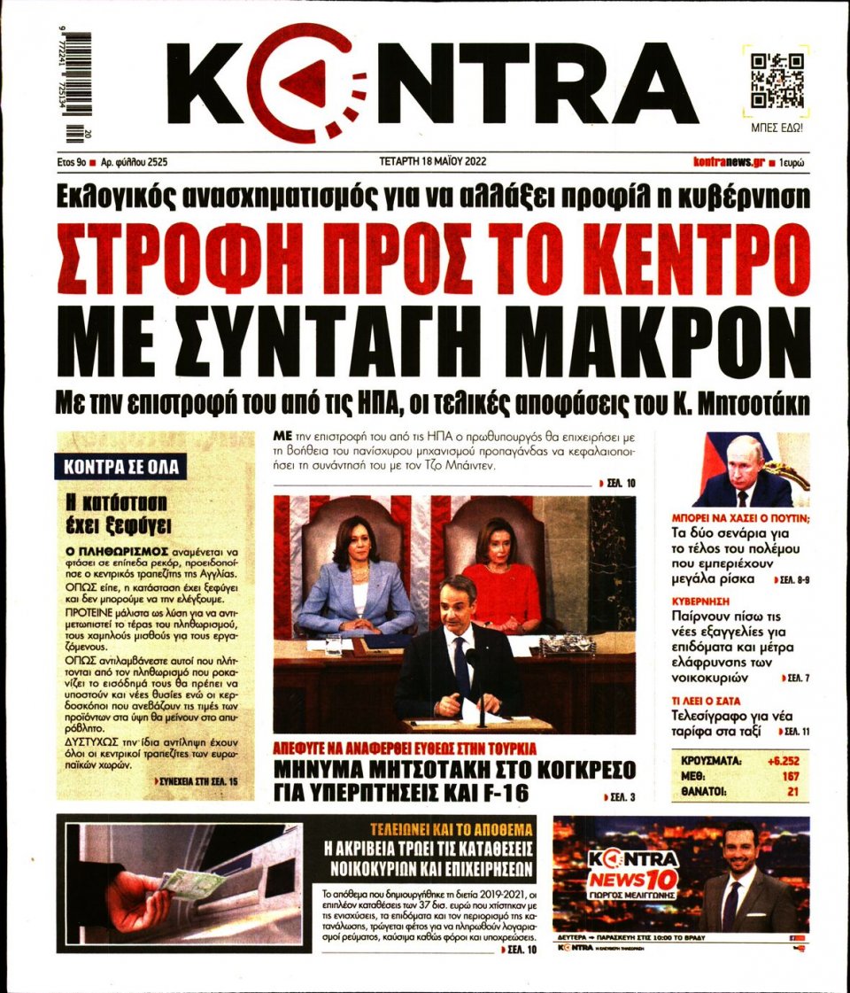 Πρωτοσέλιδο Εφημερίδας - KONTRA NEWS - 2022-05-18