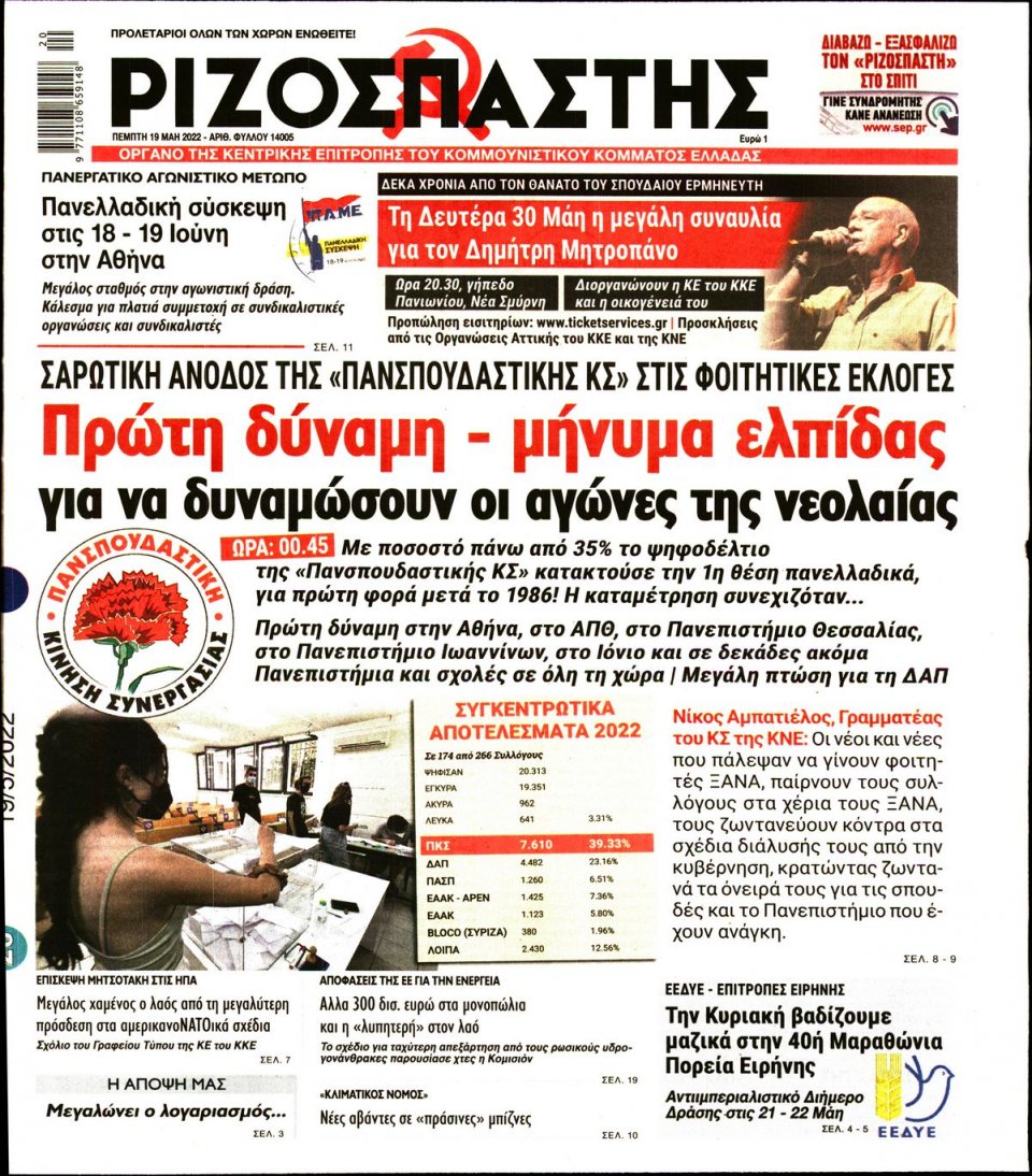 Πρωτοσέλιδο Εφημερίδας - Ριζοσπάστης - 2022-05-19