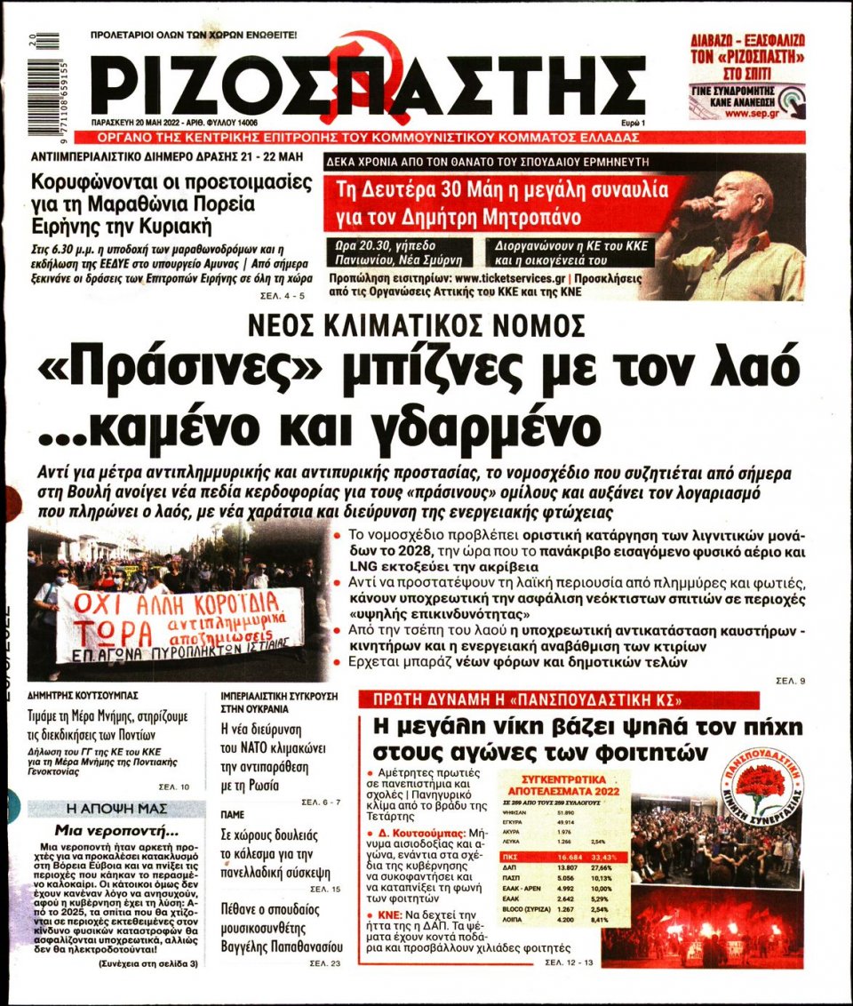 Πρωτοσέλιδο Εφημερίδας - Ριζοσπάστης - 2022-05-20