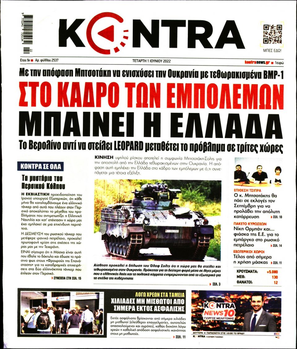 Πρωτοσέλιδο Εφημερίδας - KONTRA NEWS - 2022-06-01