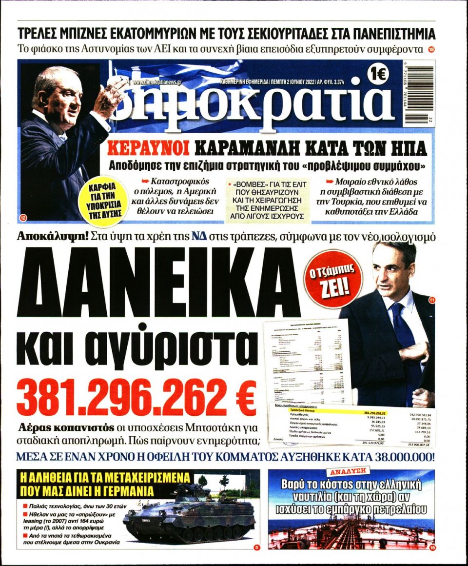Πρωτοσέλιδο Εφημερίδας - ΔΗΜΟΚΡΑΤΙΑ - 2022-06-02