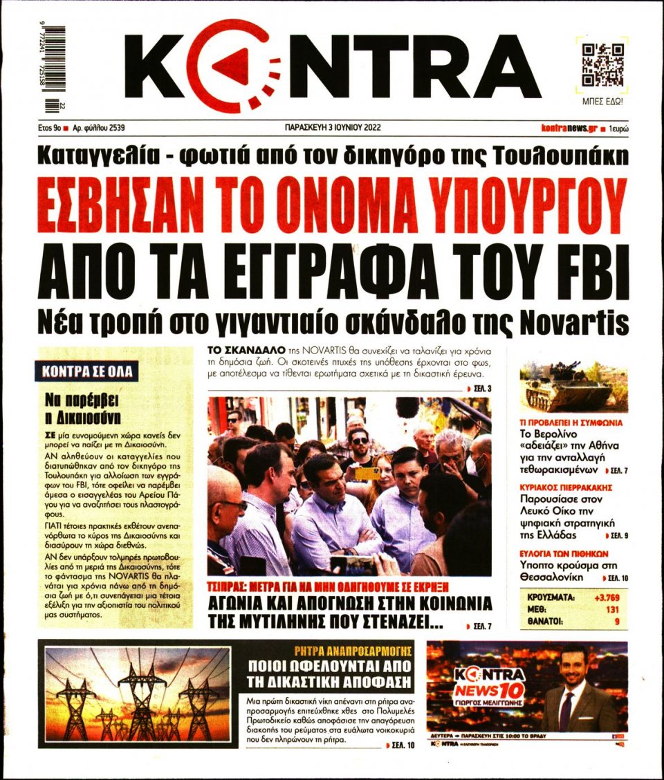 Πρωτοσέλιδο Εφημερίδας - KONTRA NEWS - 2022-06-03