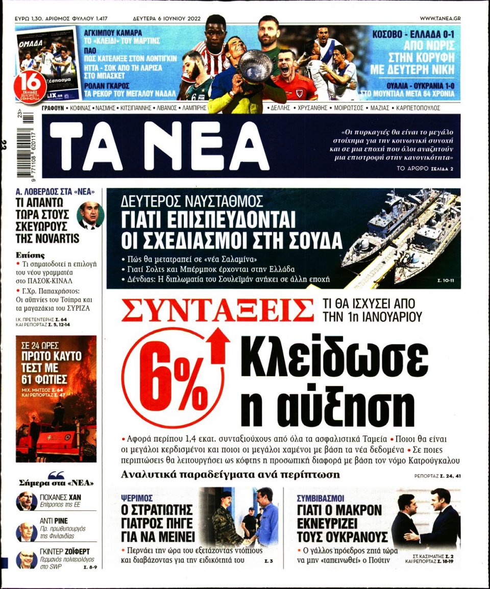Πρωτοσέλιδο Εφημερίδας - Τα Νέα - 2022-06-06