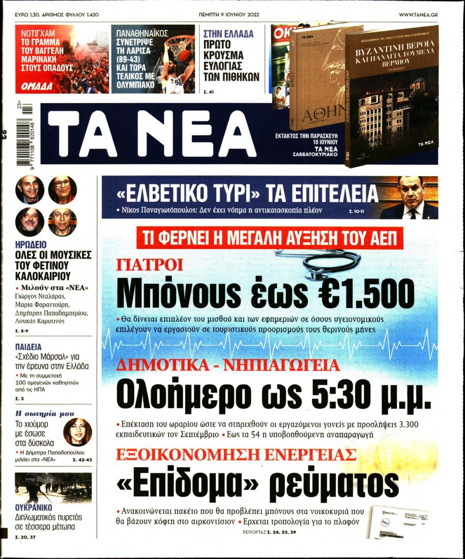 Πρωτοσέλιδο Εφημερίδας - Τα Νέα - 2022-06-09