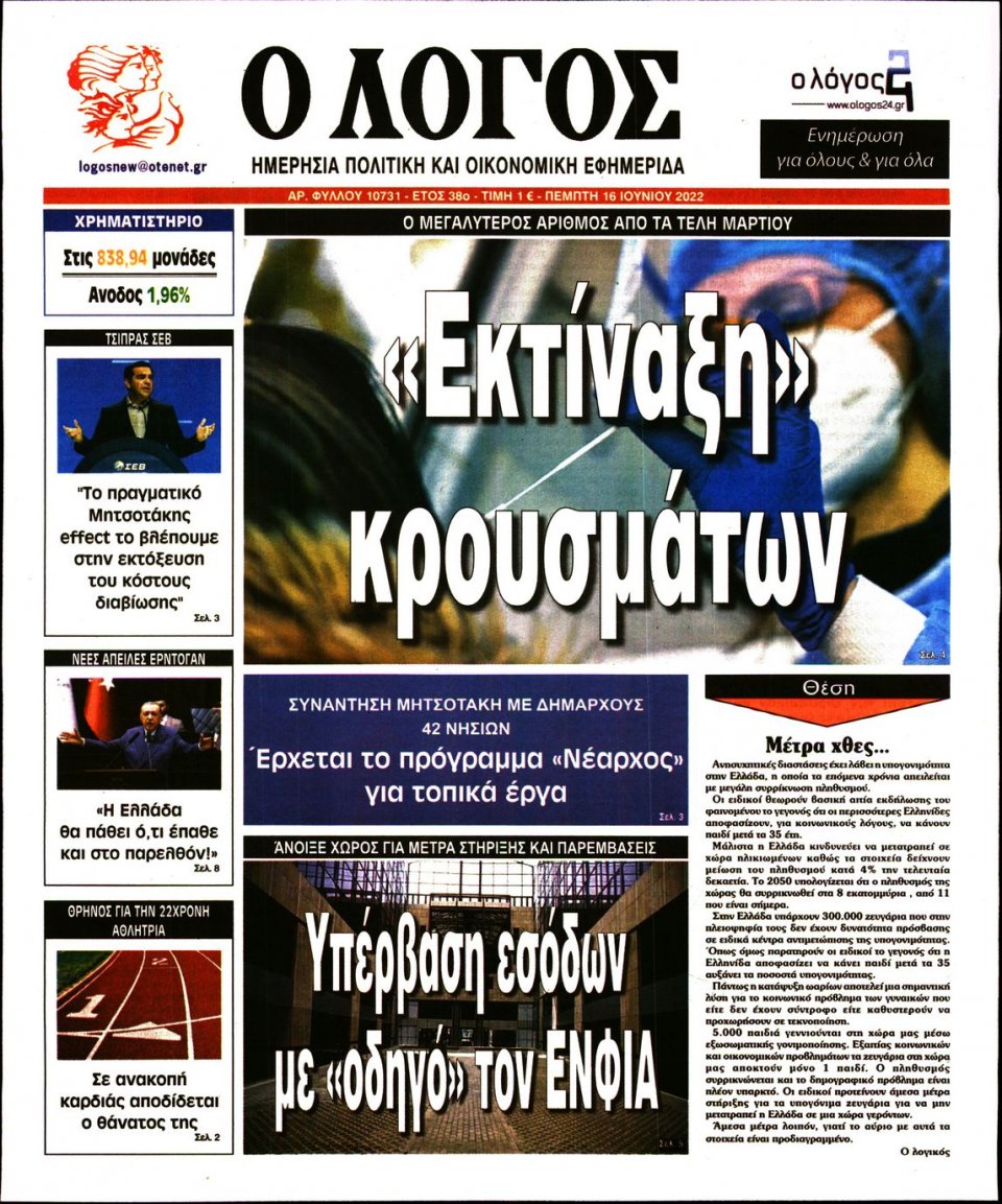 Πρωτοσέλιδο Εφημερίδας - Λόγος - 2022-06-16