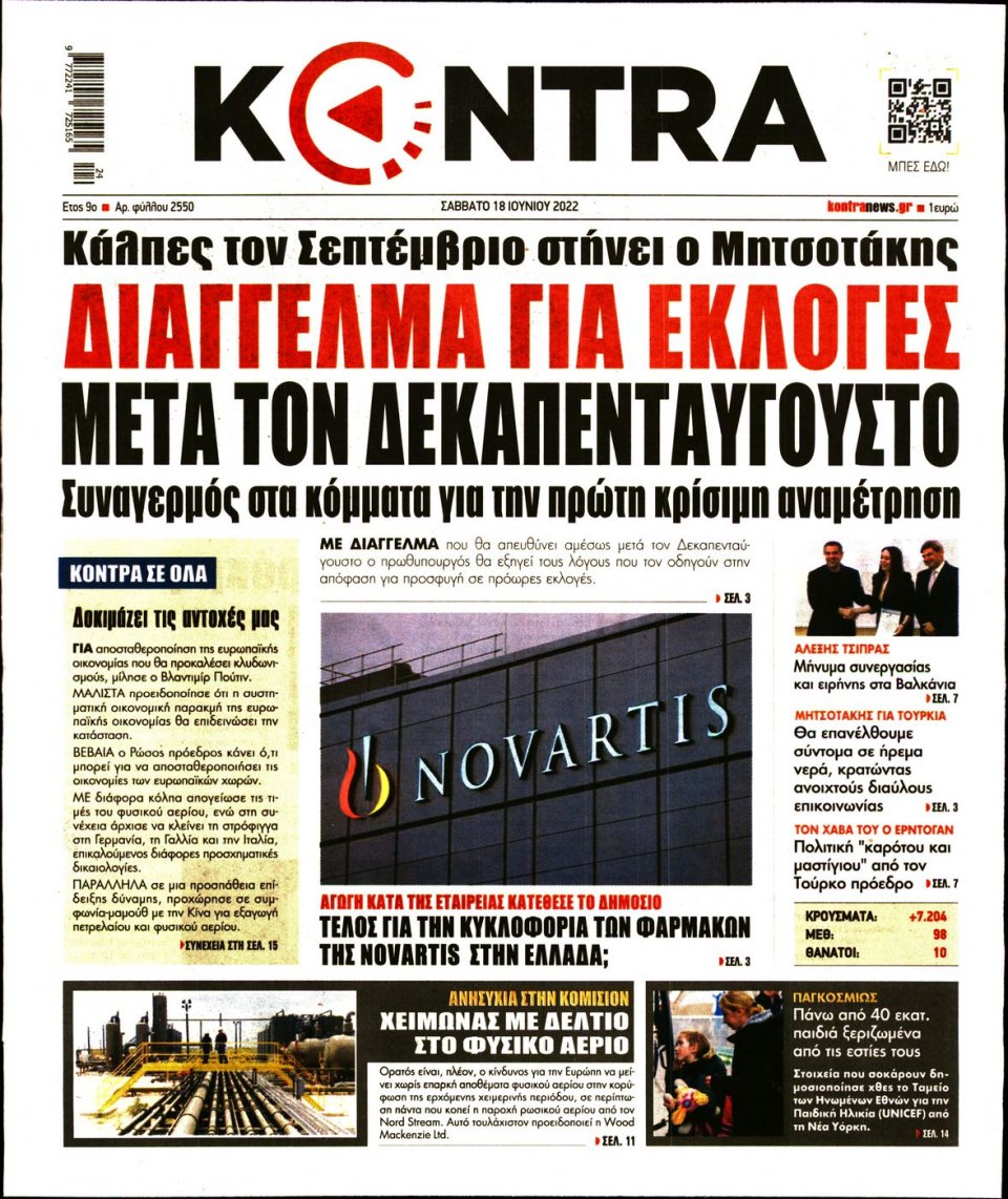 Πρωτοσέλιδο Εφημερίδας - KONTRA NEWS - 2022-06-18